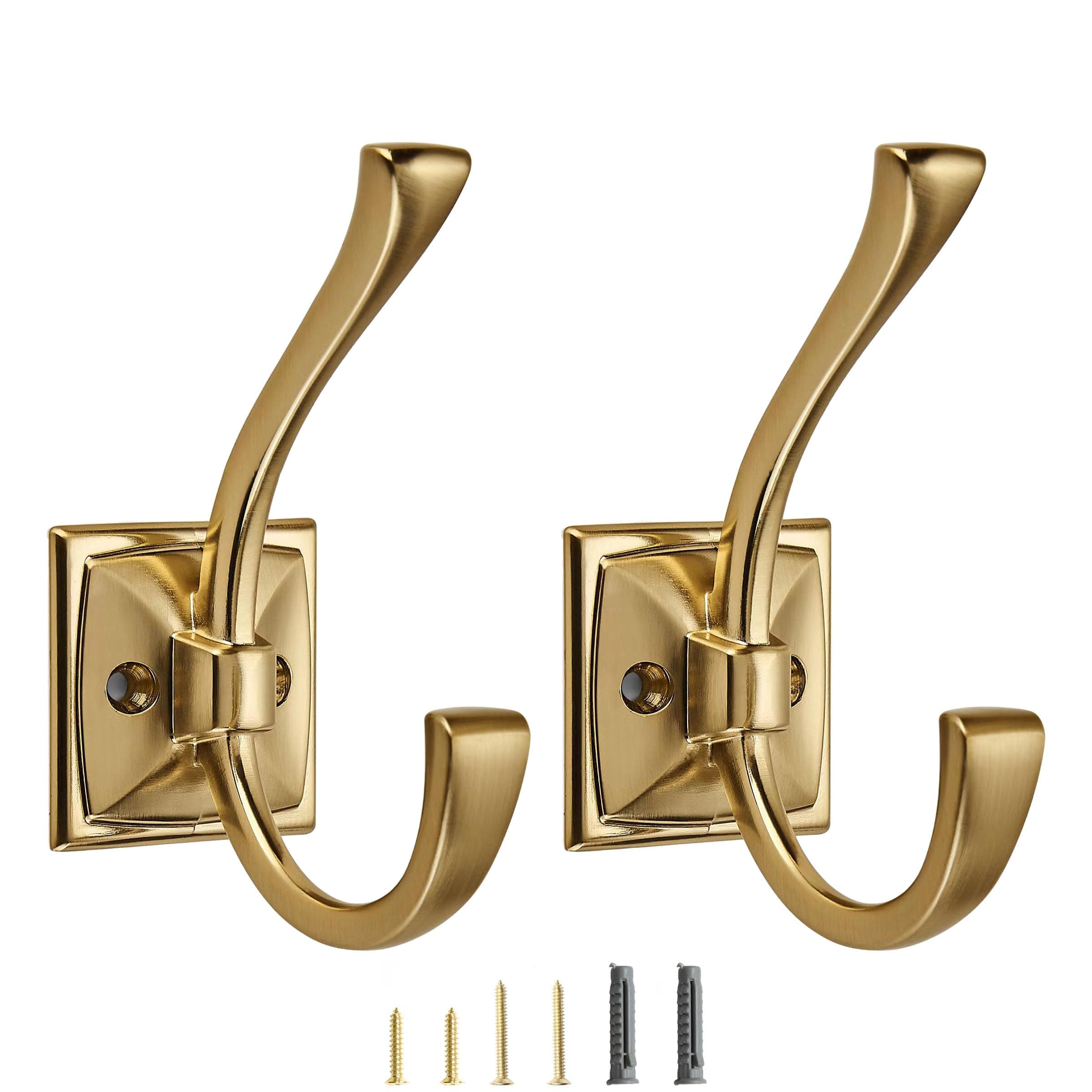 3 Pack Decorative Heavy Duty Towel Hooks for Hanging Robe Double Brushed Brass Coat Hooks Wall Mounted with Screws for Key, Towel, Bags, Cup, Hat