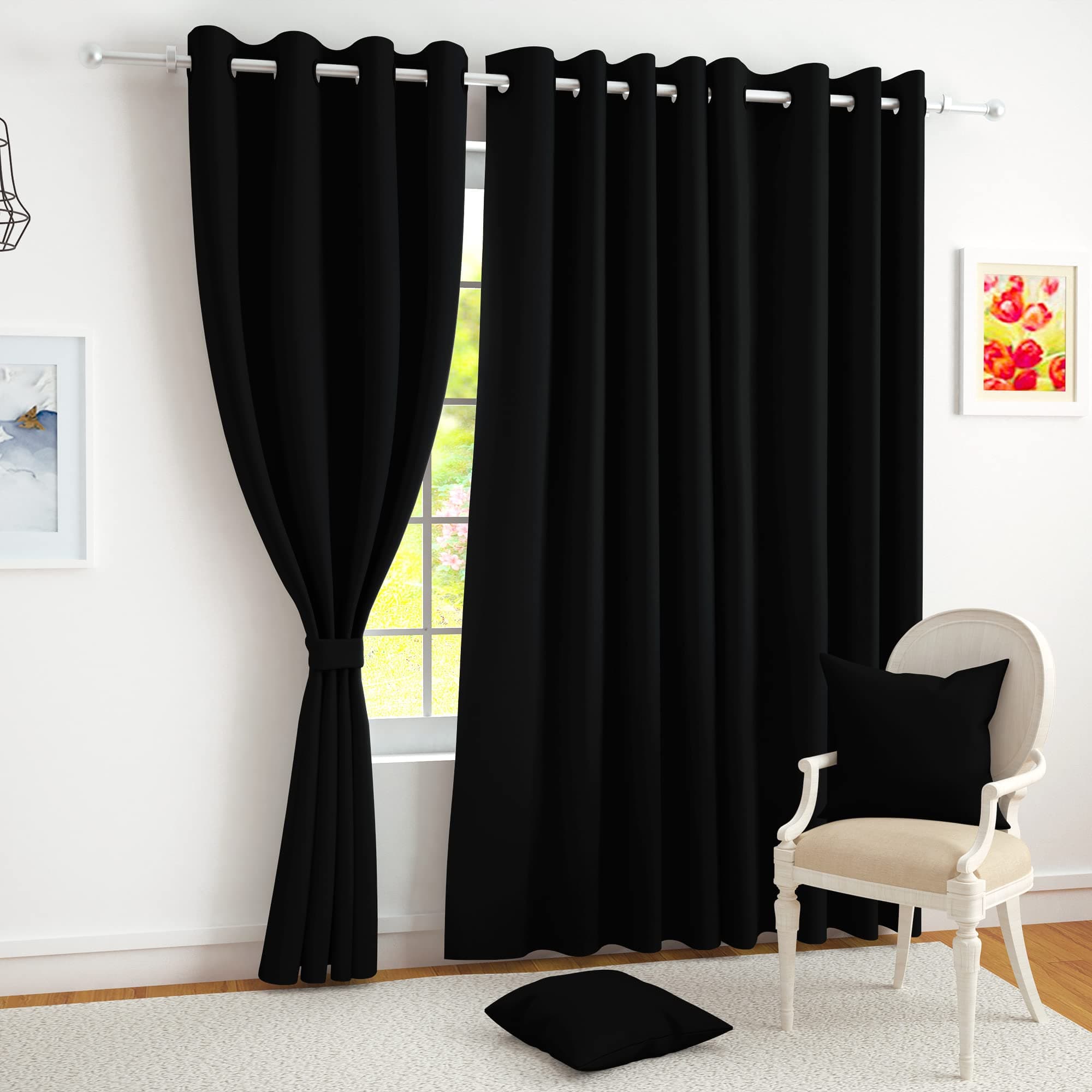 100% True Blackout Solid Long Door Curtains 9 Feet Long Set of 2 | Room Darkening | Thermal Insulated Curtains for Living Room | (116 x 275 cm, Black)