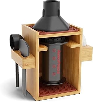 HEXNUB – Compact AeroPress Organizer Stand, Bamboo Coffee Caddy for AeroPress Coffee Maker, Accessories, Filters, Cups, Includes Mats - Brown