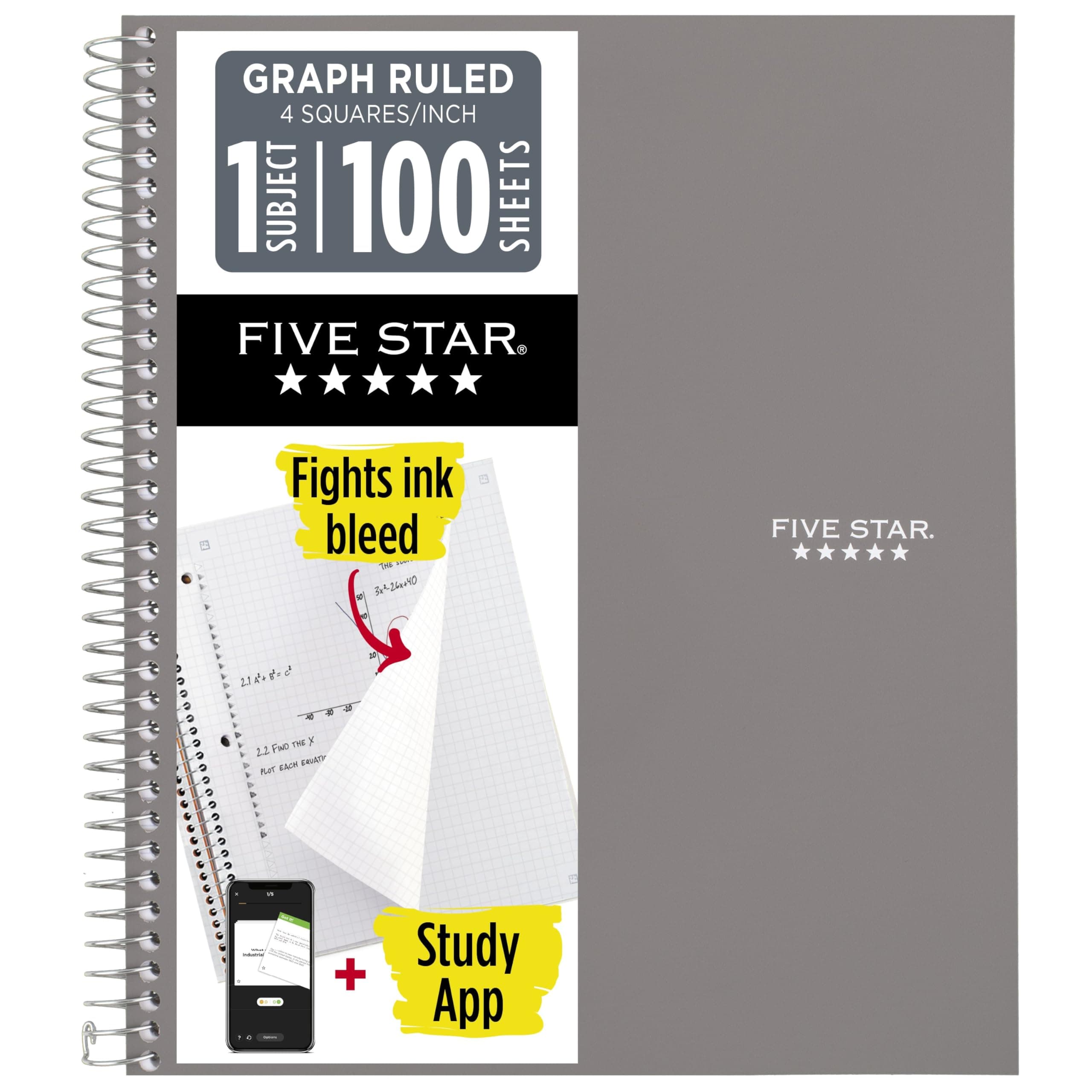Five Star Spiral Notebook + Study App, 1 Subject, Graph Ruled Paper, 8-1/2" x 11", 100 Sheets, Fights Ink Bleed, Water Resistant Cover, Gray (620000AA3)