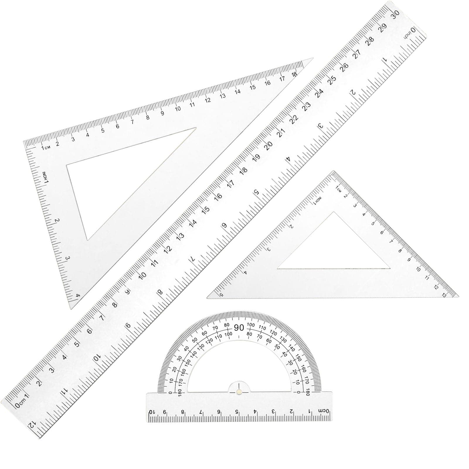 Thinp 4-Piece Ruler Set: 30cm Straight, Triangle, Protractor - Shatterproof Plastic, Clear Measuring Tool for School, Office, Home