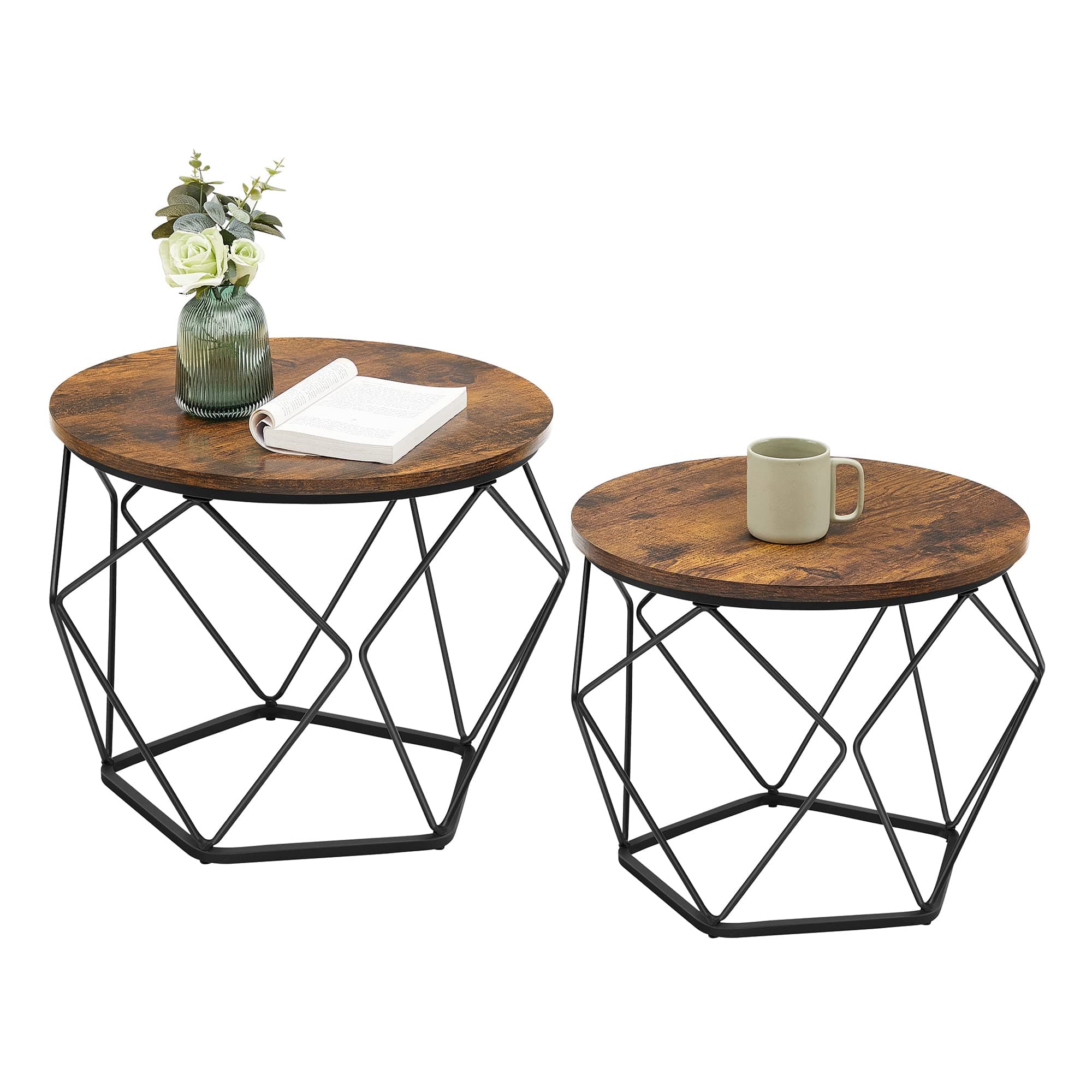 VASAGLE Small Coffee Table Set of 2, Round Coffee Table with Steel Frame, Side End Table for Living Room, Bedroom, Office, Rustic Brown and Ink Black | Living Room, Bedroom, Office