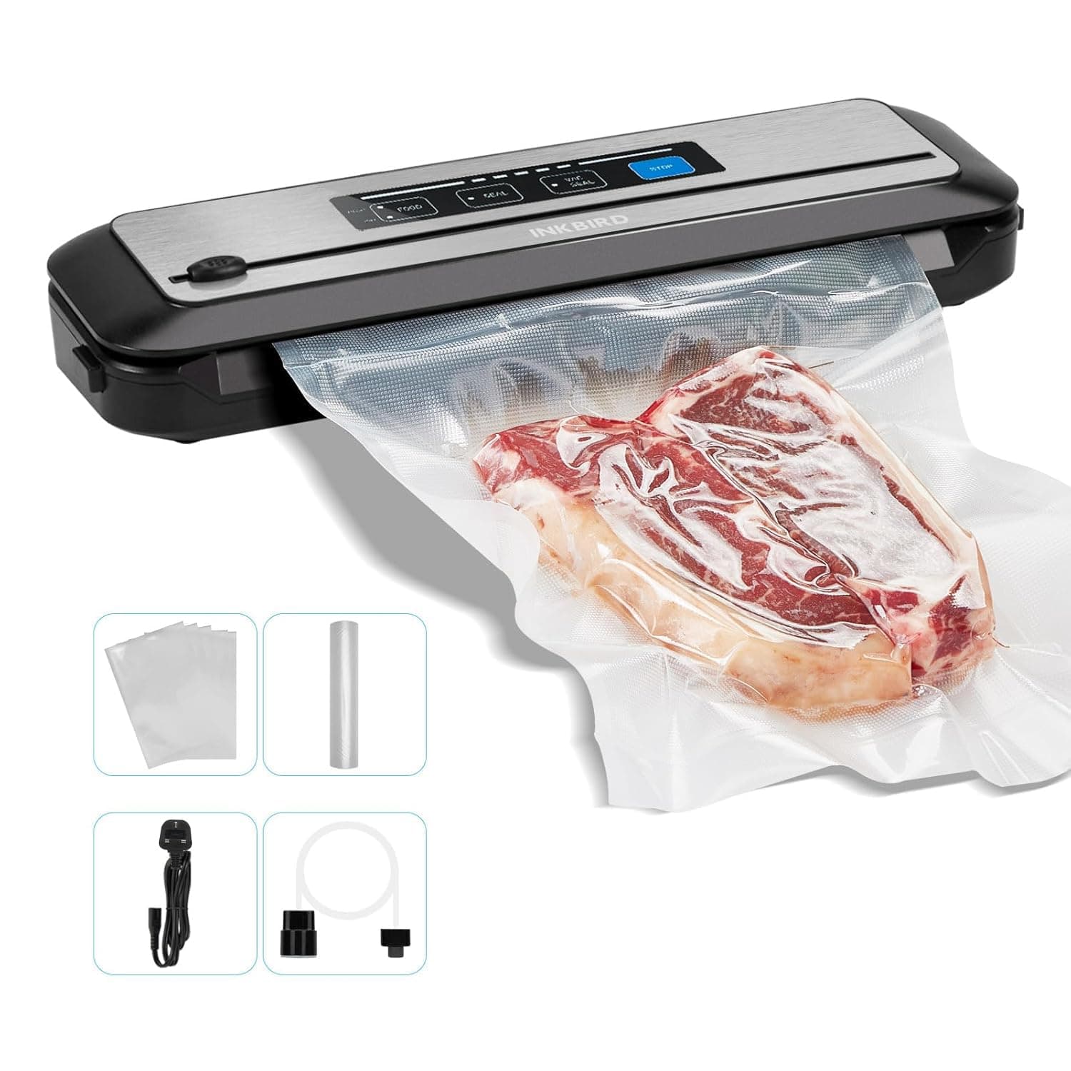 Inkbird Vacuum Sealer Machine with Starter Kit Automatic PowerVac Air Sealing Machine for Food Preservation Dry & Moist Sealing Modes Built-in Cutter Easy Cleaning Storage EU Plug 220V