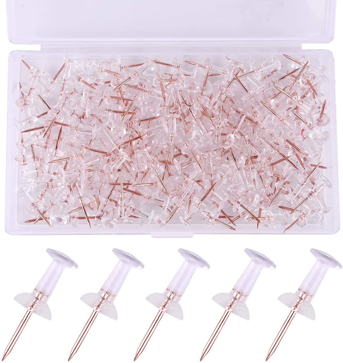 100 Count Rose Gold Push Pins Thumb Tacks Map Pins Steel Point and Transparent Plastic Head with 1 Storage Box for Cork Notice Board (Rose Gold)