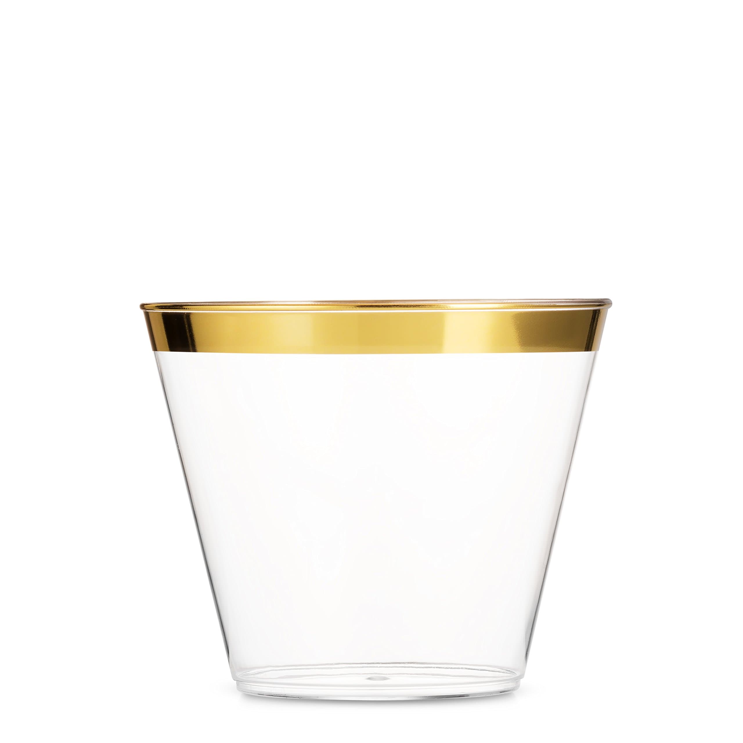 100 9 Oz Clear Plastic Cups, Old Fashioned Tumblers, Fancy Disposable Wedding Cups, Elegant Party Cups with Gold Rim