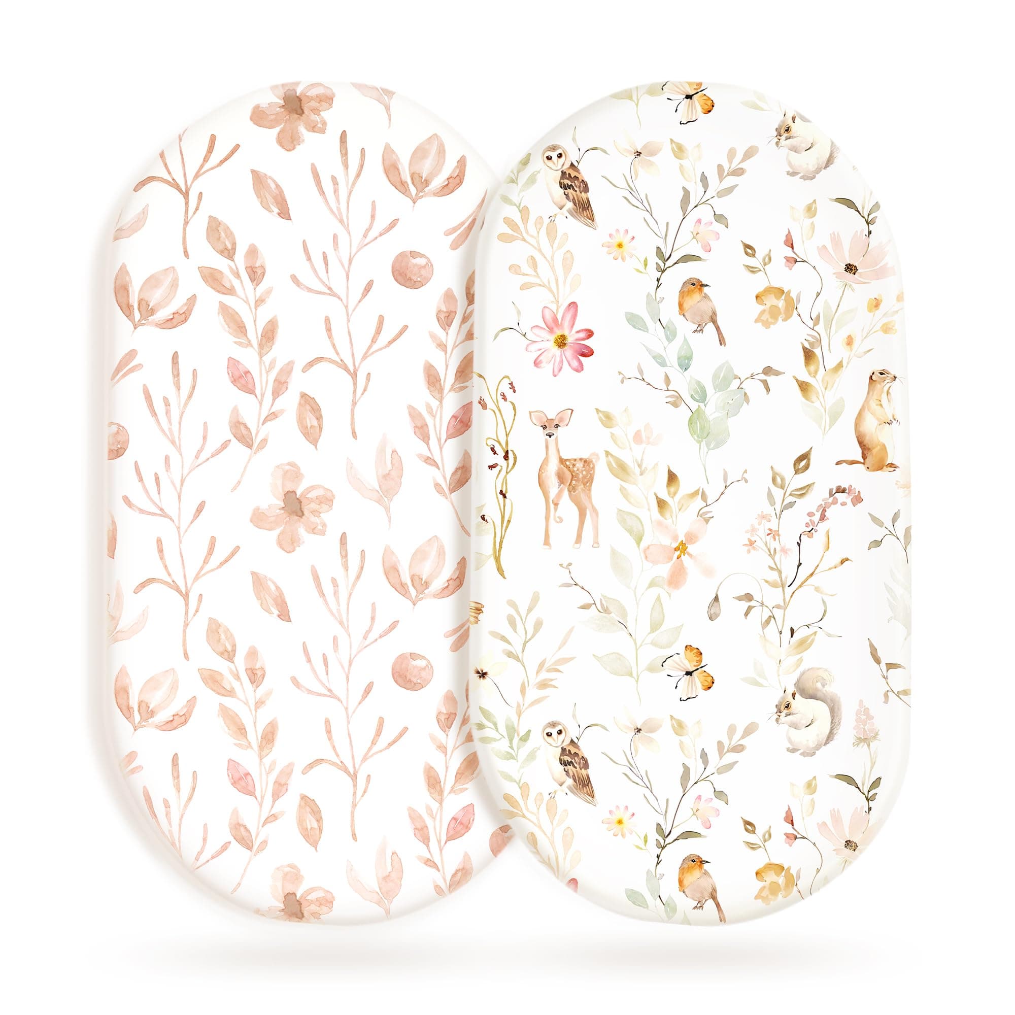 Stretchy Ultra Soft Fitted Bassinet Sheet Set 2 Pack, Universal Fit for Bassinets Baby Cradle Moses Basket Oval Rectangle Mattress Safe and Snug, Beautiful Blush Pink Floral and Cute Animals Print