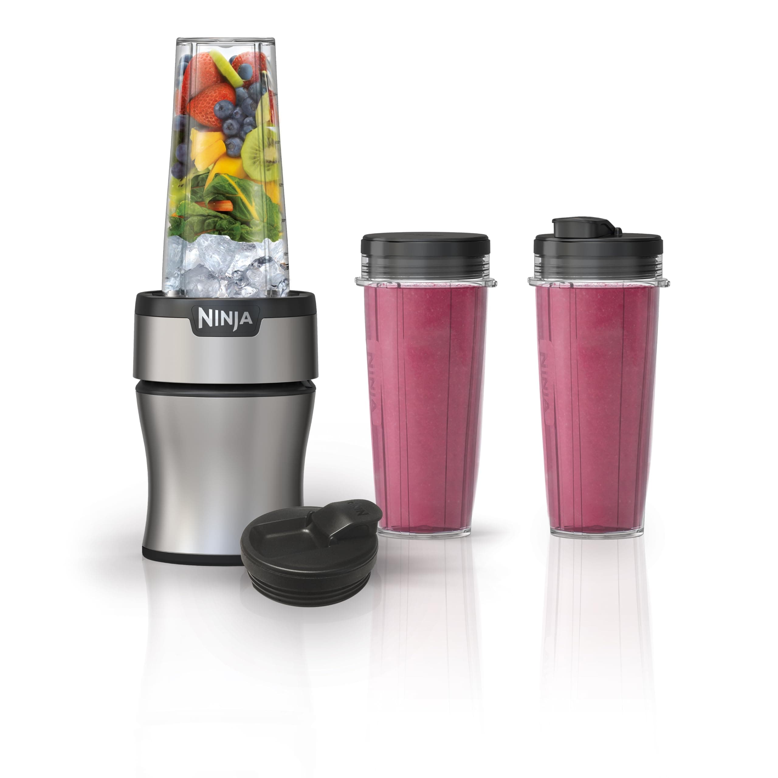 Nutri-Plus Personal Blender | Compact Push to Blend | Make Frozen Drinks, Smoothies, Sauces & More | With (3) 20 oz. To-Go Cups, (2) Spout-Lids & (1) Storage-Lid | 900 Peak Watt | Silver | BN301