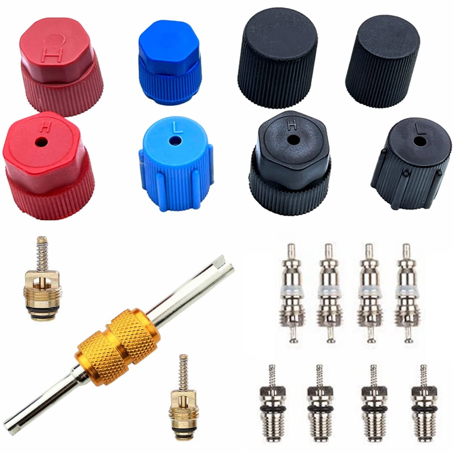 MAKINGTEC Air Conditioning Valve Core Kit, Car and Home AC R12 R134a Teflon Seal Refrigeration Schrader Valve Core with Valve Stem Core Tool Air Conditioning AC System Charging Port Seal Caps Kit