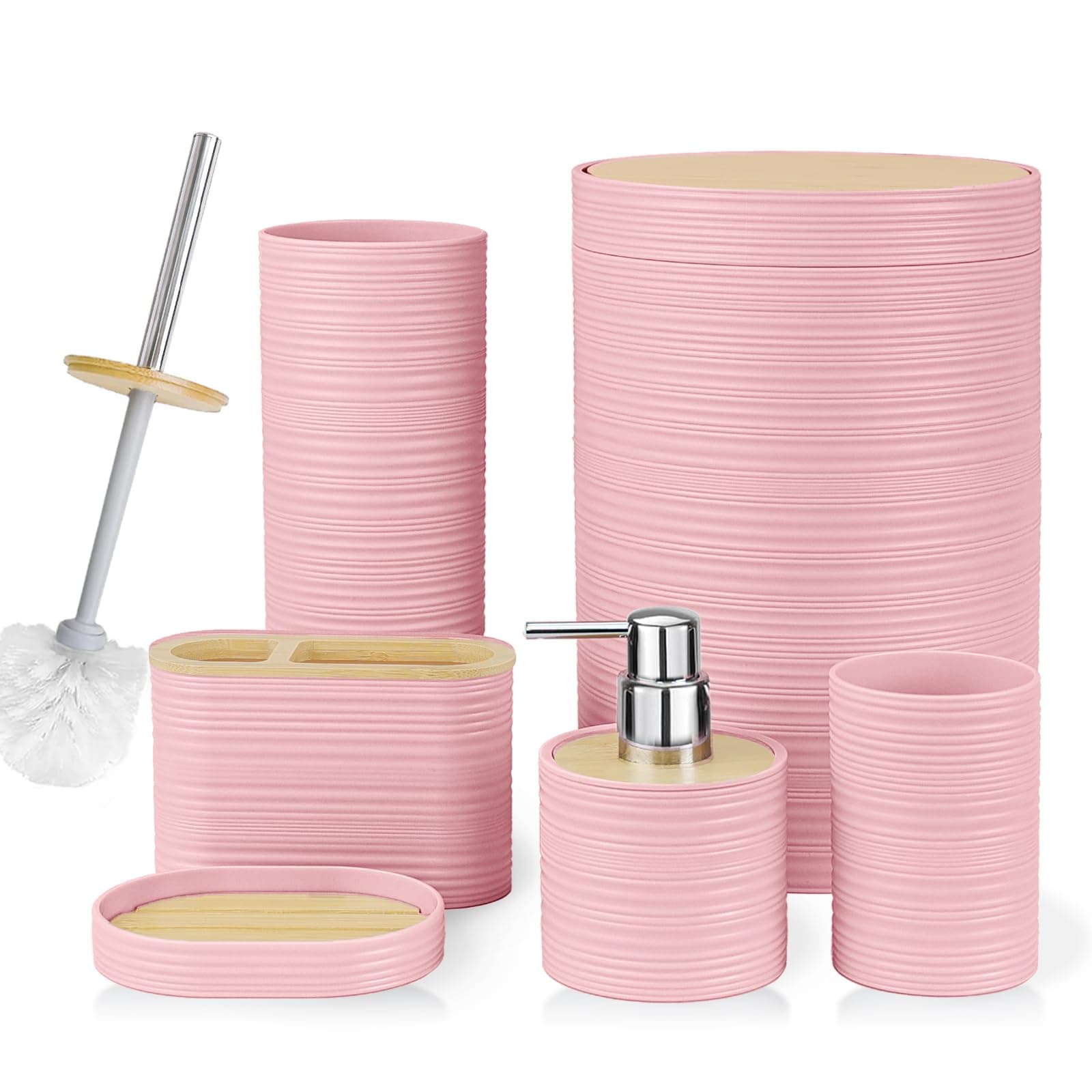 CERBIOR Bathroom Accessories Set 6 Piece Bamboo Bath Ensemble Includes Soap Dispenser, Toothbrush Holder, Toothbrush Cup, Soap Dish for Decorative Countertop and Housewarming Gift, Sriral Pink