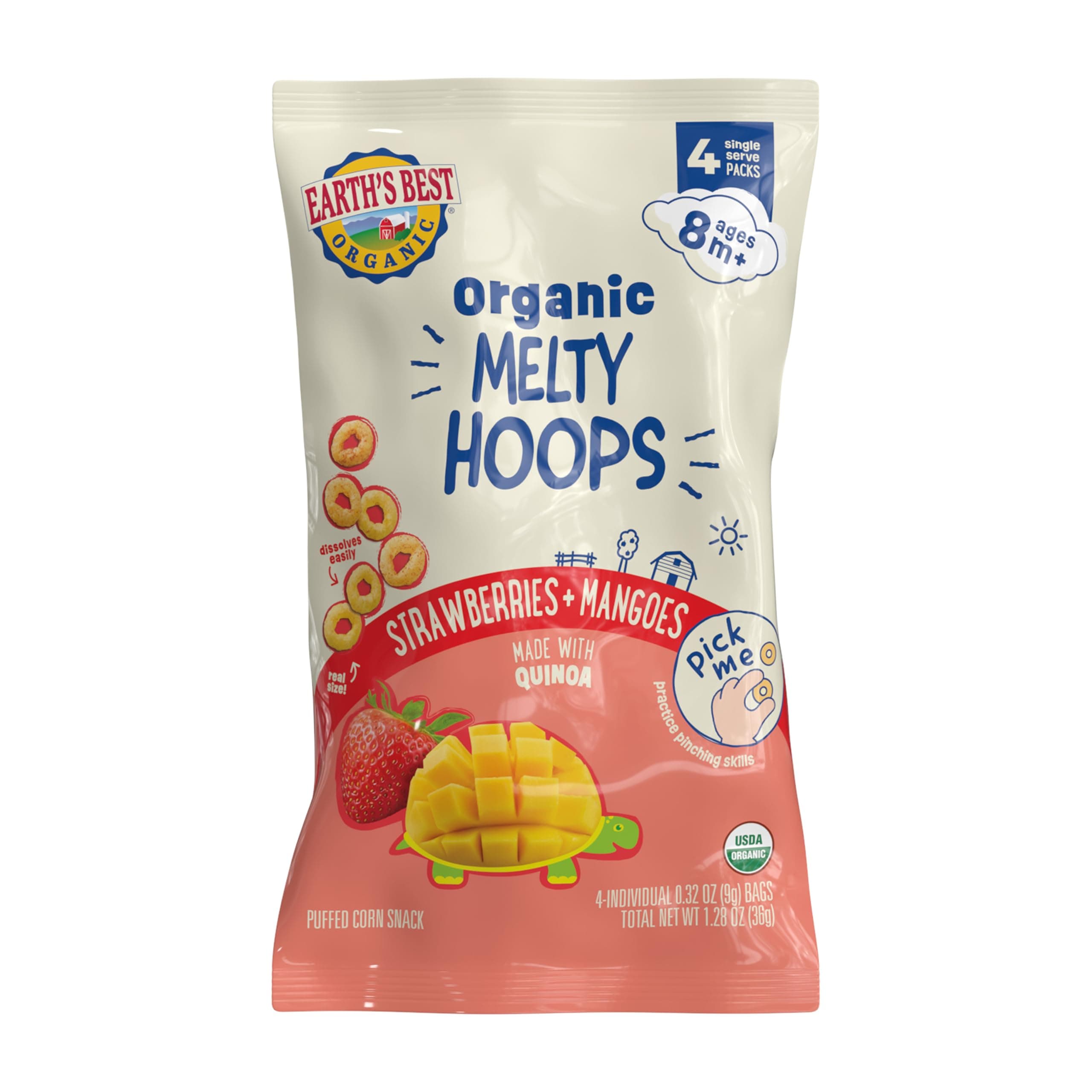 Organic Melty Hoops, Bite-Sized Snacks for Babies 8 Months and Up, Strawberry and Mango, 0.32 Ounce Individual Bags (Pack of 4)