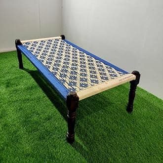 Solid Sheesham Wood Handmade Rajasthani Charpai | Cotton Rope Khatiya Charpai Single Bed Without Storage | Wooden Cot Bed | Khatiya-Khaat | 6X3 Feet | Color - White and Blue