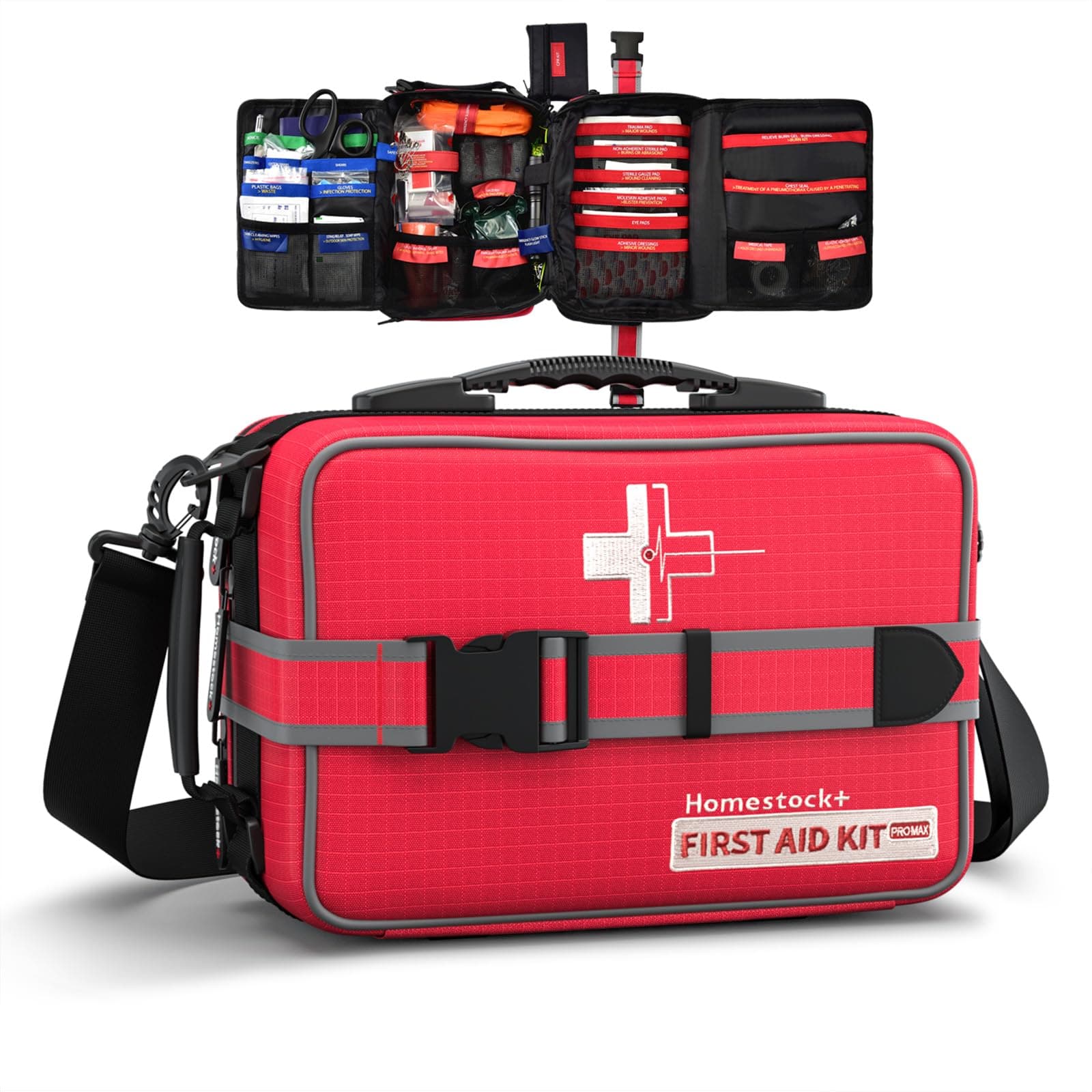Advanced comprehensive first aid kit with well-organised labeled compartments, removable MOLLE system, trauma kits