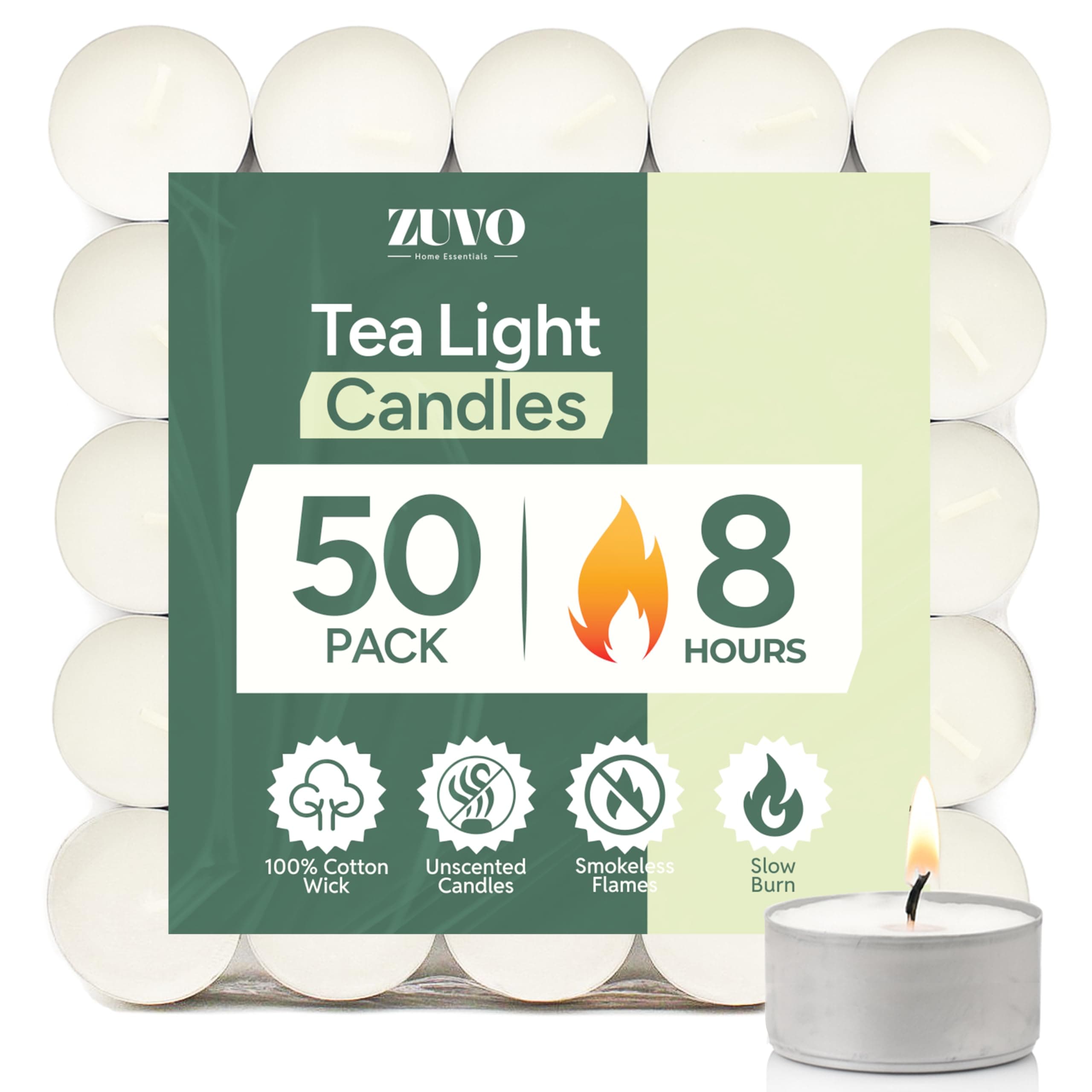 8-Hour Unscented Tea Light Candles (50-Pack) - Long-Lasting with Cotton Wicks, Clean Burning, 3.8 x 2.3 cm, White