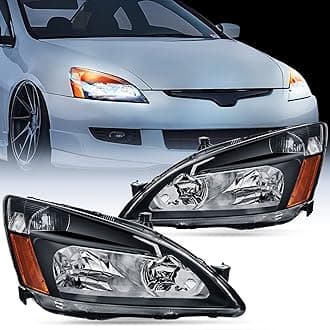 Nilight Headlight Assembly for 2003 2004 2005 2006 2007 Accord Replacement Headlamp Black Housing Amber Reflector, 2 Years Warranty