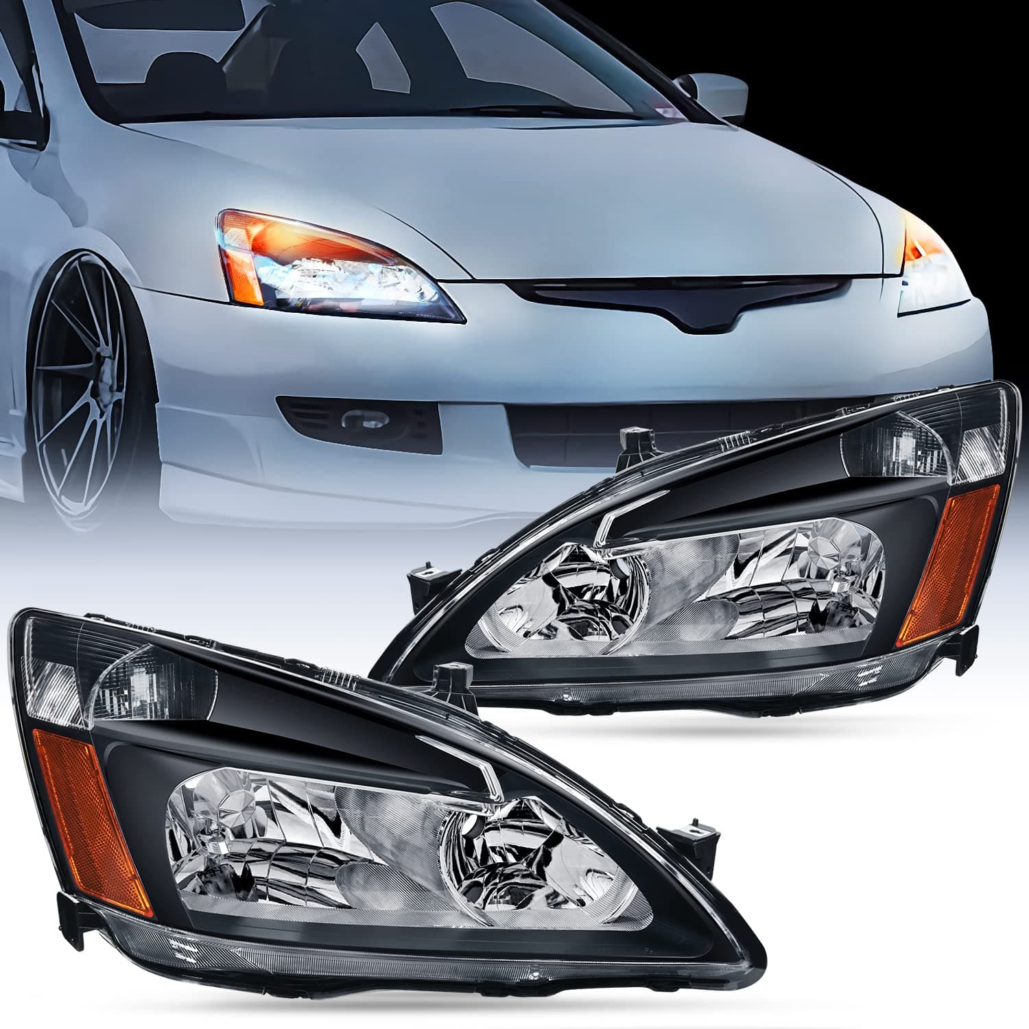 Headlight Assembly for 2003 2004 2005 2006 2007 Accord Replacement Headlamp Black Housing Amber Reflector