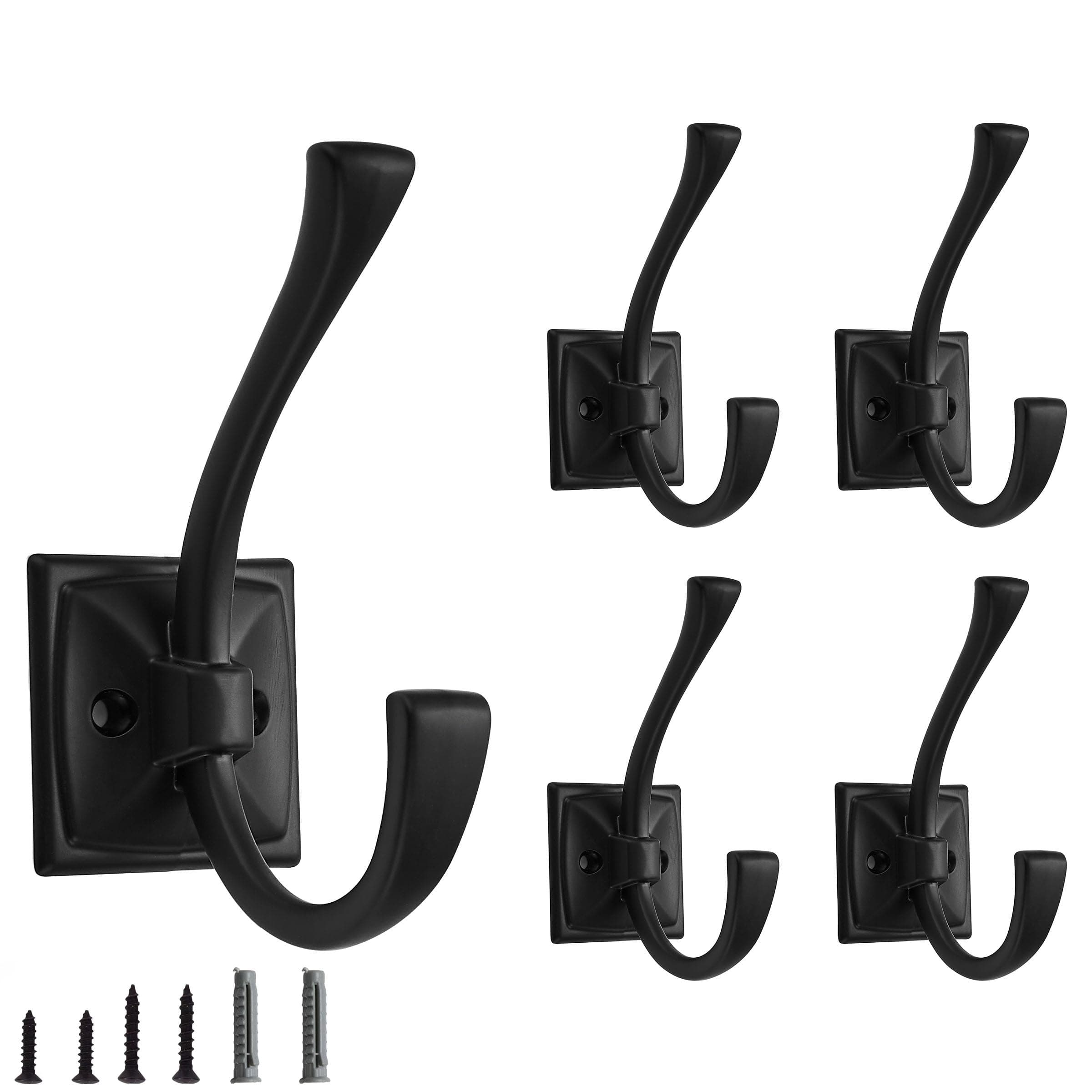 5 Pack Decorative Heavy Duty Towel Hooks for Hanging Robe Double Matte Black Coat Hooks Wall Mounted with Screws for Key, Towel, Bags, Cup, Hat