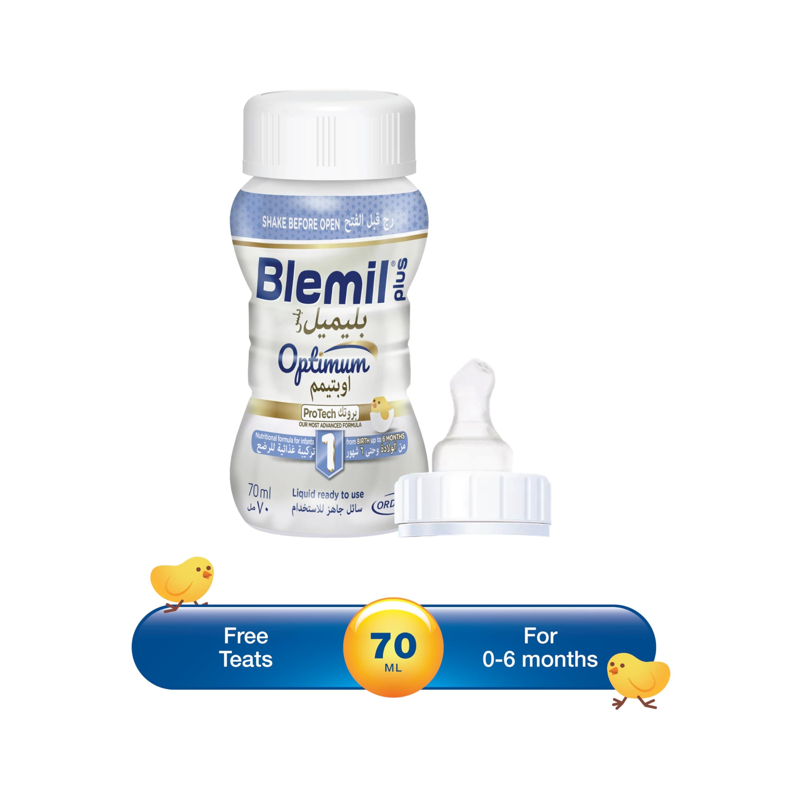 Blemil Plus 1 Optimum ProTech Ready To Feed Infant Formula Milk | 0-6 Months | Triple Protection with Osteopontin, HMO and MFG | Immune System |Brain and Eyesight development | RTF 70ml with Teats