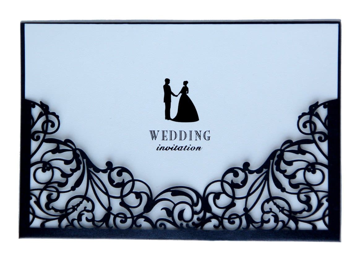 10 Black Laser Cut Wedding Invitations with Blank Insert Card and Envelope