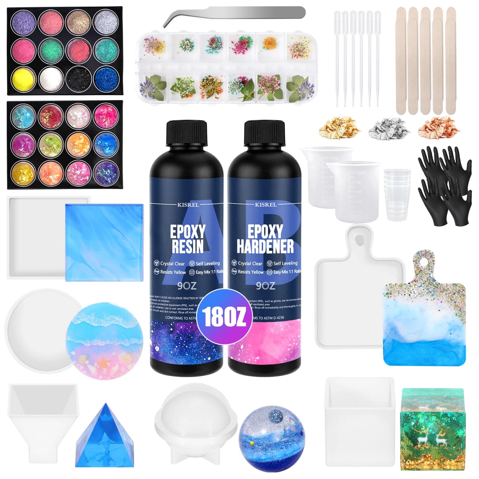 KISREL EPOXY KIT AND MOLD COMPLETE SET 64 OZ RESIN MOLD SILICONE KIT BUNDLE SPhere, Pyramid Mold, Resin Epoxy Starter Kit Beginner Resin Casting