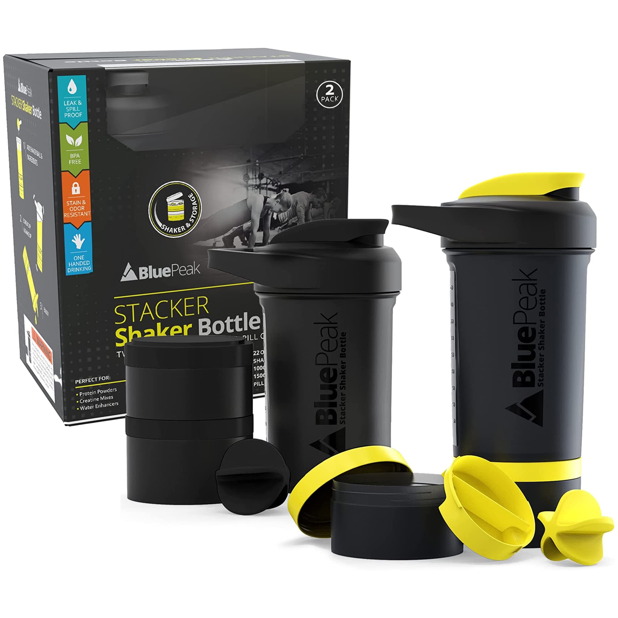 BluePeak Stacker Protein Shaker Bottle 22-Ounce, 2-Pack ProStak. Attachable Storage Containers (100 & 150cc) and Pill Tray Included. BPA Free (Black &Yellow)