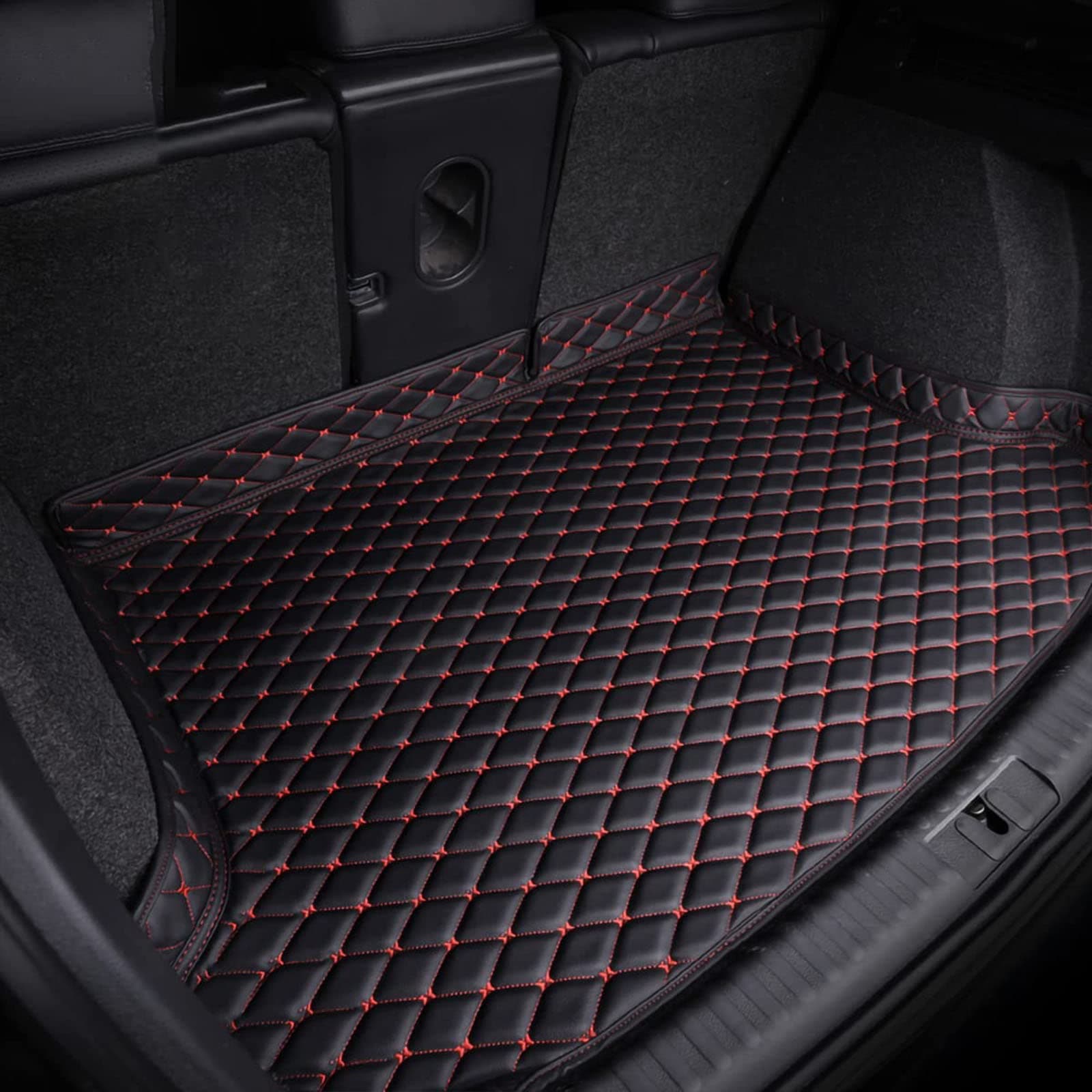 Car Boot Liner Leather Mat for Mazda CX-9 II (TC) 2016-2022, Tail Trunk Cargo Tray Waterproof Protector Pad, with Raised Edges Foldable Auto ?Styling Accessories,Black-Red