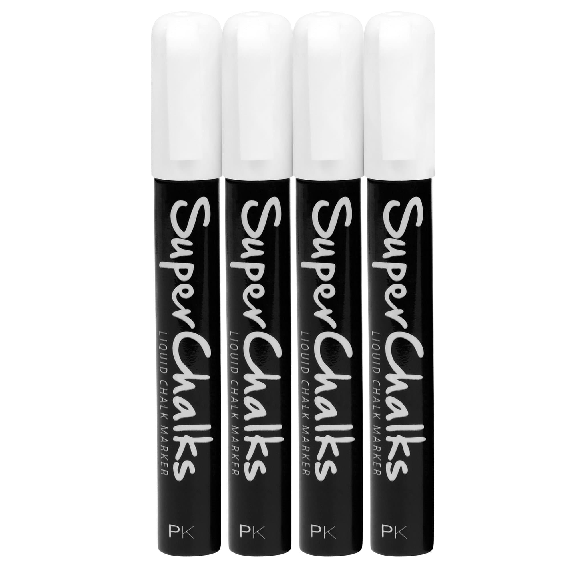 SuperChalks White Liquid Chalk Marker Pens 4-Pack - 4mm Reversible Tip - ONLY Suitable for Non Porous Surfaces