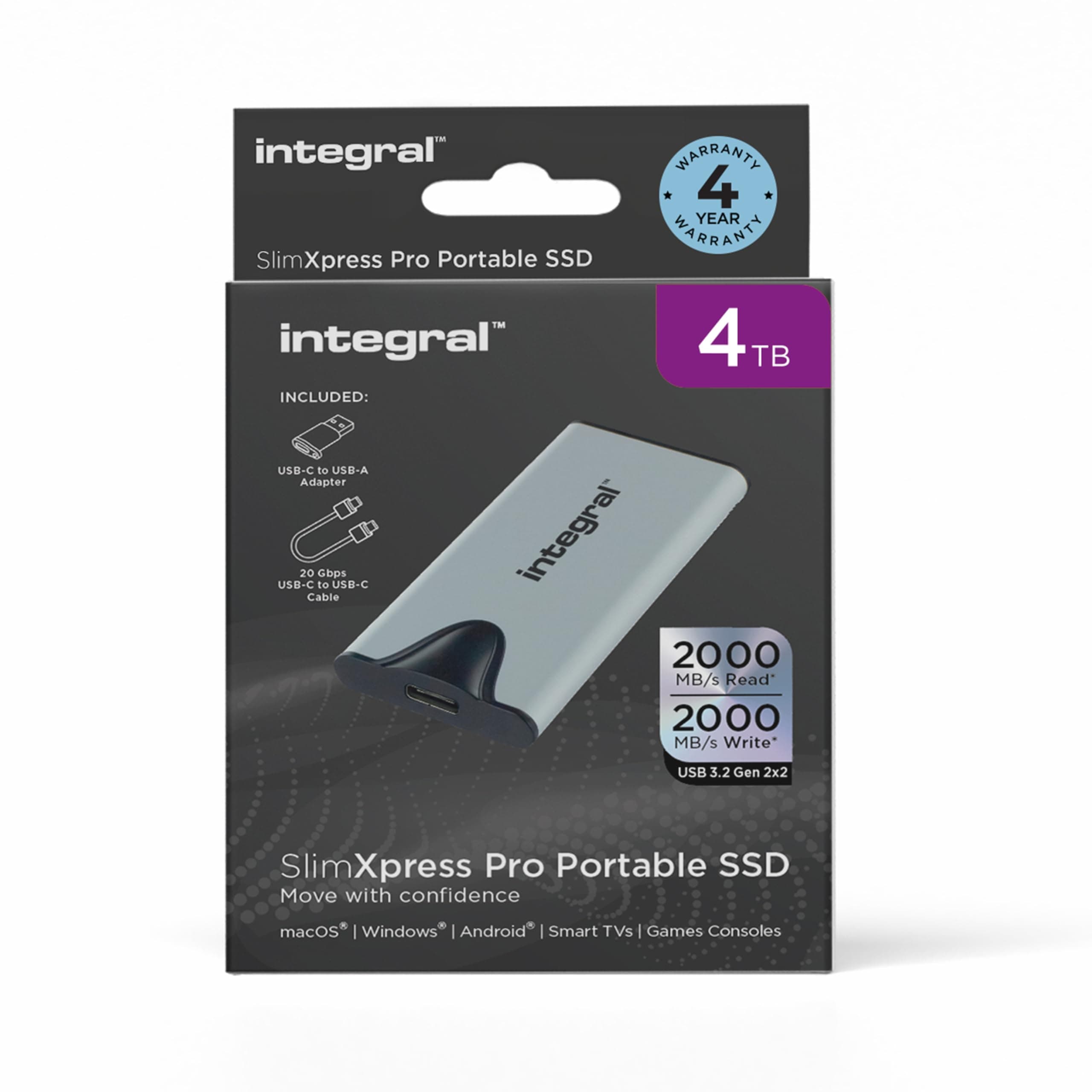 Integral SlimXpress Pro 4TB Portable SSD External Hard Drive: USB-C, 2000MB/s Read/Write, USB 3.2 Gen 2x2, Compact Design, Plug & Play, Compatible with Mac, Windows PC, Android, Xbox, PlayStation