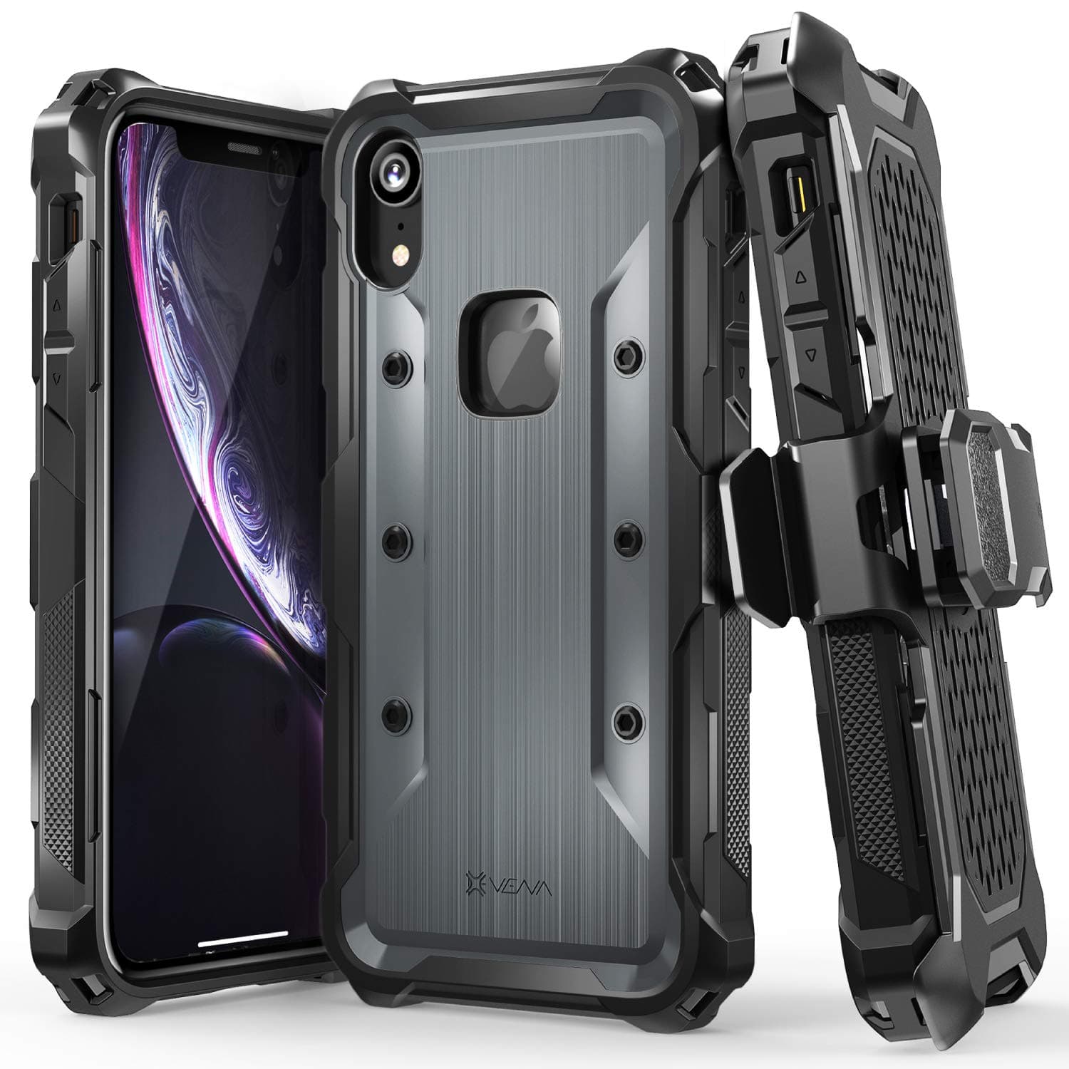 vArmor Rugged Case Compatible with Apple iPhone XR (6.1"-inch), (Military Grade Drop Protection) Heavy Duty Holster Belt Clip Cover with Kickstand - Space Gray