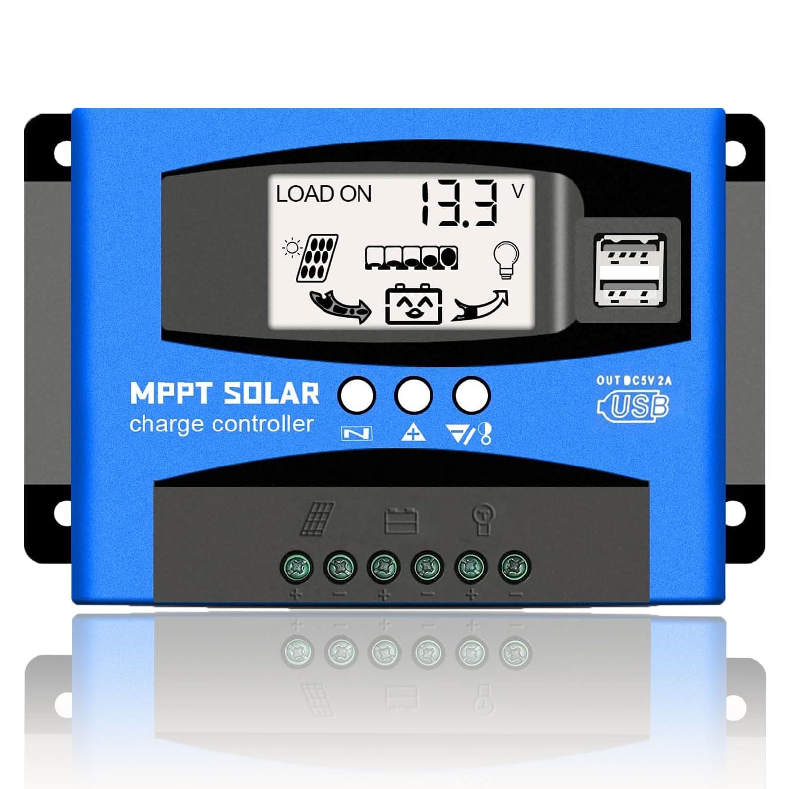 60A MPPT Solar Charge Controller 12v/24v Current Auto Focus MPPT Tracking Charge with LCD Display Dual USB Solar Regulator Charge Controller Multiple Load Control Modes
