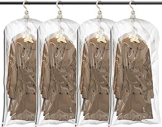 TAILI Hanging Vacuum Sealer Spave Saver Storage Bags for Clothes, Closet Organizers, Travel, (4 Pack Short) Clear