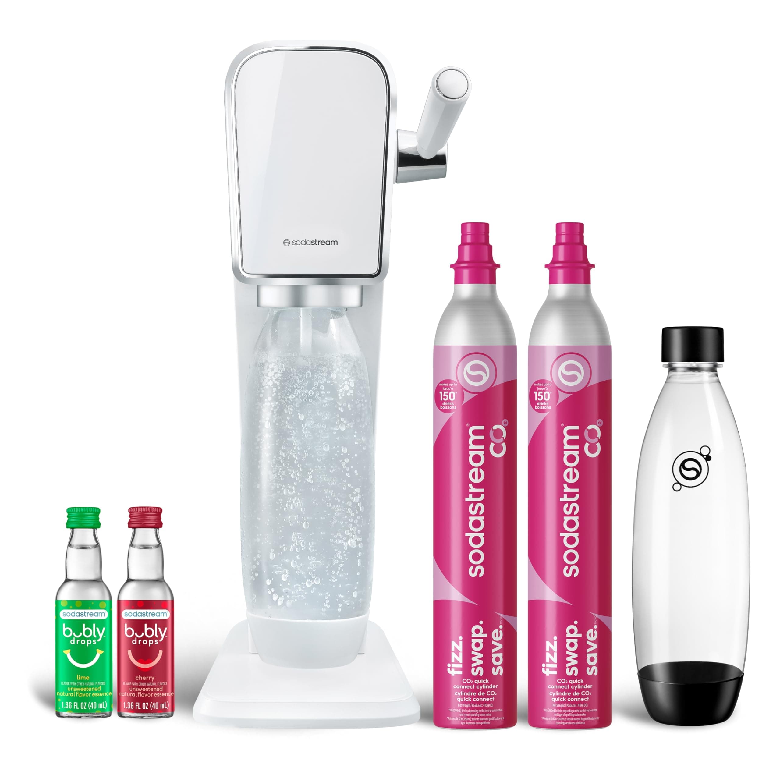 SodaStream Art Sparkling Water Maker Bundle (White), with CO2, Dishwasher Safe Bottles, and Bubly Drops Flavors
