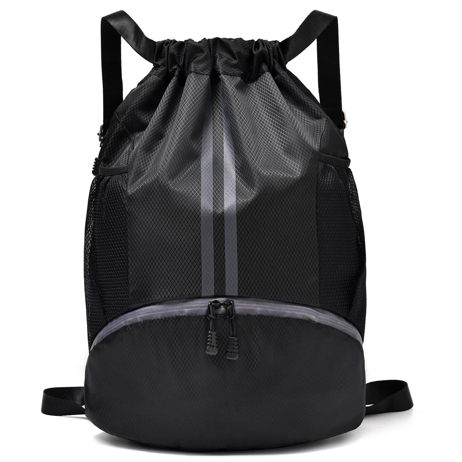 Black Drawstring Gym Bag for Men, Waterproof Drawstring Backpack for Women, Swim Bag with Shoes Compartment, Pull String Sport Bag for Soccer and Basketball.