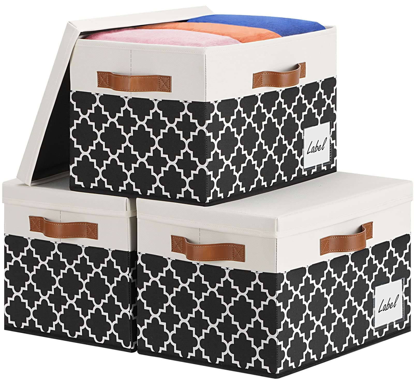 GhvyenntteS Fabric Storage Bins with Lids 3 Pack, Foldable Fabric Storage Boxes with Lids and 3 Handles, Sturdy Closet Organizers and Storage Bins with Label Window for Home (White&Lattice Black)