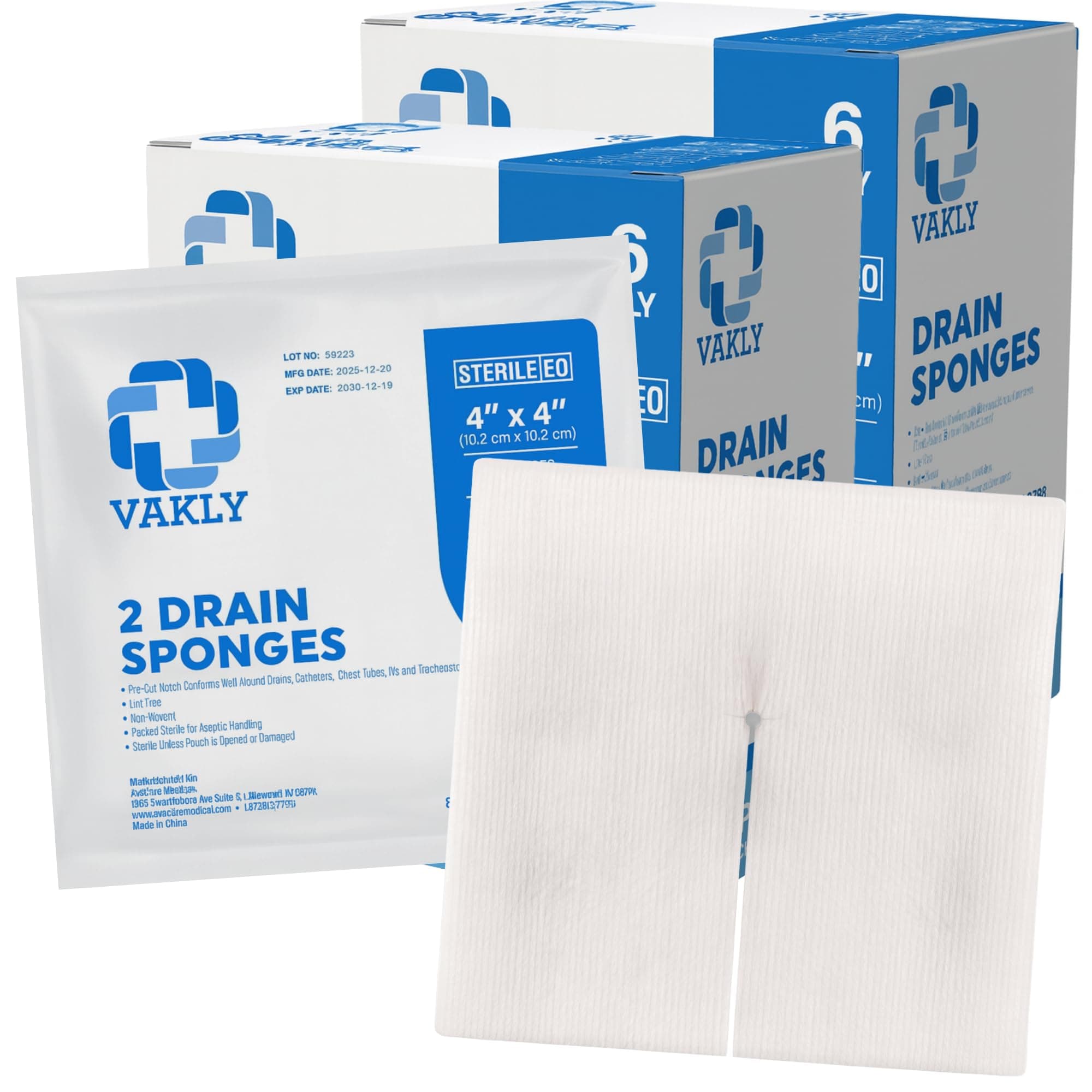 Vakly 100 Pack 4"X4" 6 Ply Split Drain Sponge - 2 Boxes of 25 Packs of 2 + 2 Rolls of Medical Tape