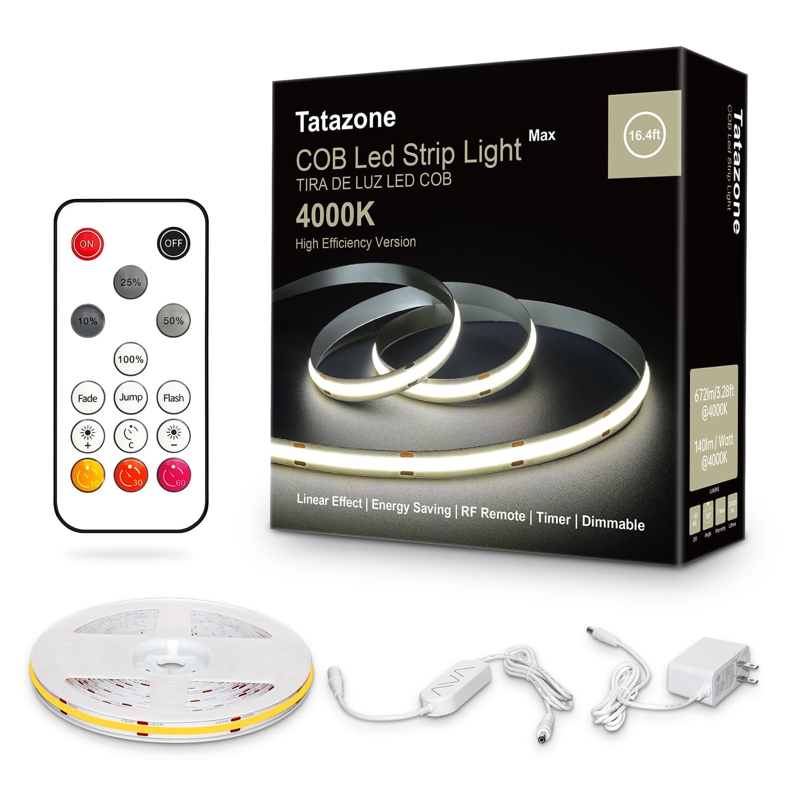 Tatazone 16.4ft 4000K 24V White COB Led Strip Lights with RF Remote