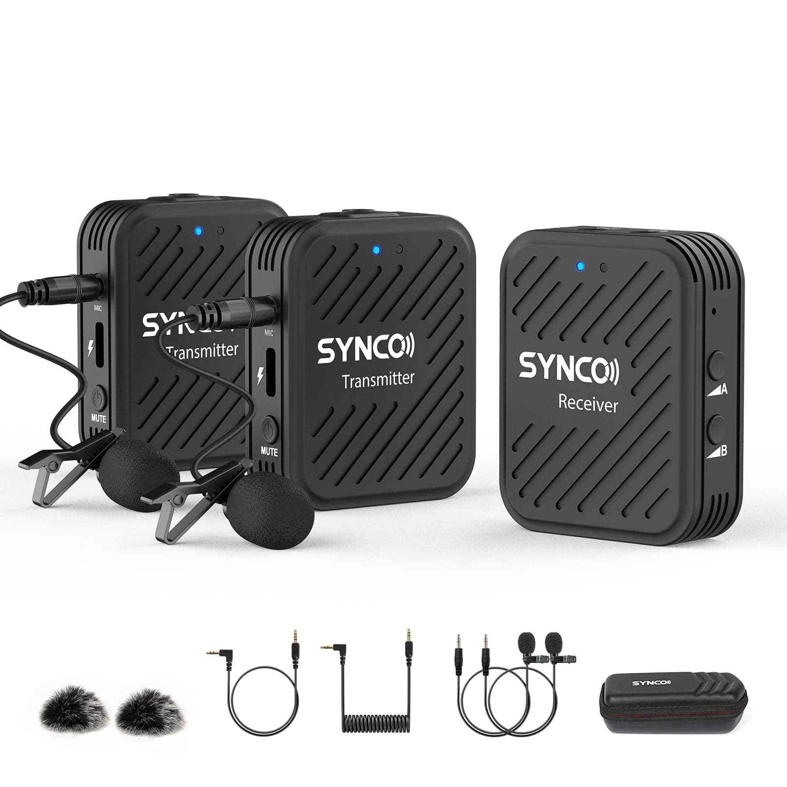 SYNCOG1(A2) 2.4GHz Lavalier Wireless Microphone Wireless Lapel Microphone System, Wireless Microphones Mics up to 70 m, Audio Surveillance 2 Transmitters 1 Receiver for Camera Smartphone Laptop DSLR