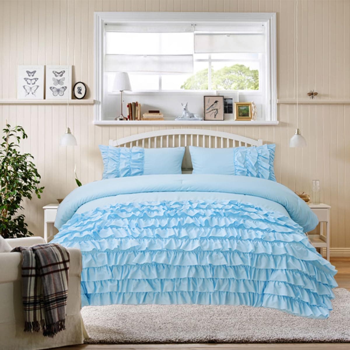 Holawakaka Light Blue Waterfall Ruffle Comforter Set Twin Size Multi-Layers Ruffled Shabby Chic 3PCS Bedding Set for Girls Women