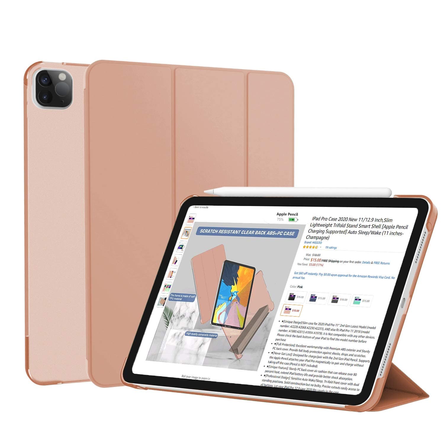 IPad Pro 11 case 2020& 2018, Lightweight Trifold Stand Cover for iPad Pro 11 2nd Gen 2020 [Apple Pencil 2 Charging Supported] Auto Sleep/Wake-Pink