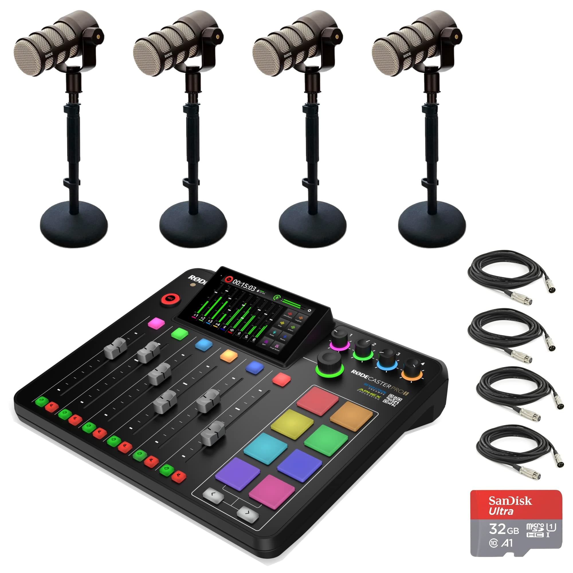 Rode RODECaster Pro II Integrated Audio Production Console with 4x Rode PodMic Dynamic Podcasting Microphones, DS1 Desktop Mic Stands, SanDisk 32GB microSD Card, XLR Cables and StreamEye Cloth
