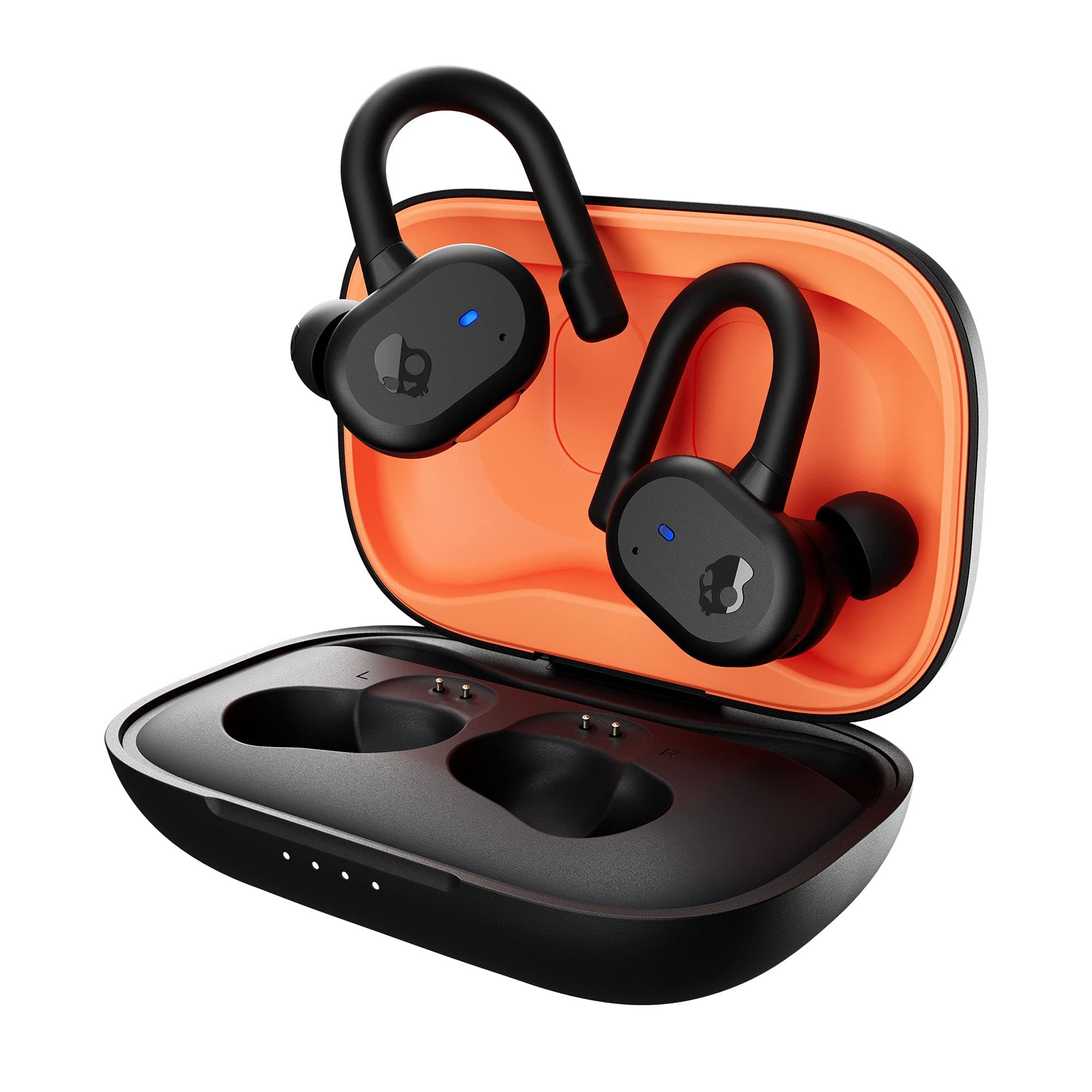 Push Active Wireless Earbuds, Bluetooth Headphones, Noise Isolating, 44 Hrs Battery, Secure-Fit Over-Ear Hanger, Sweat and Water Resistant, Microphone for iPhone Android - True Black/Orange