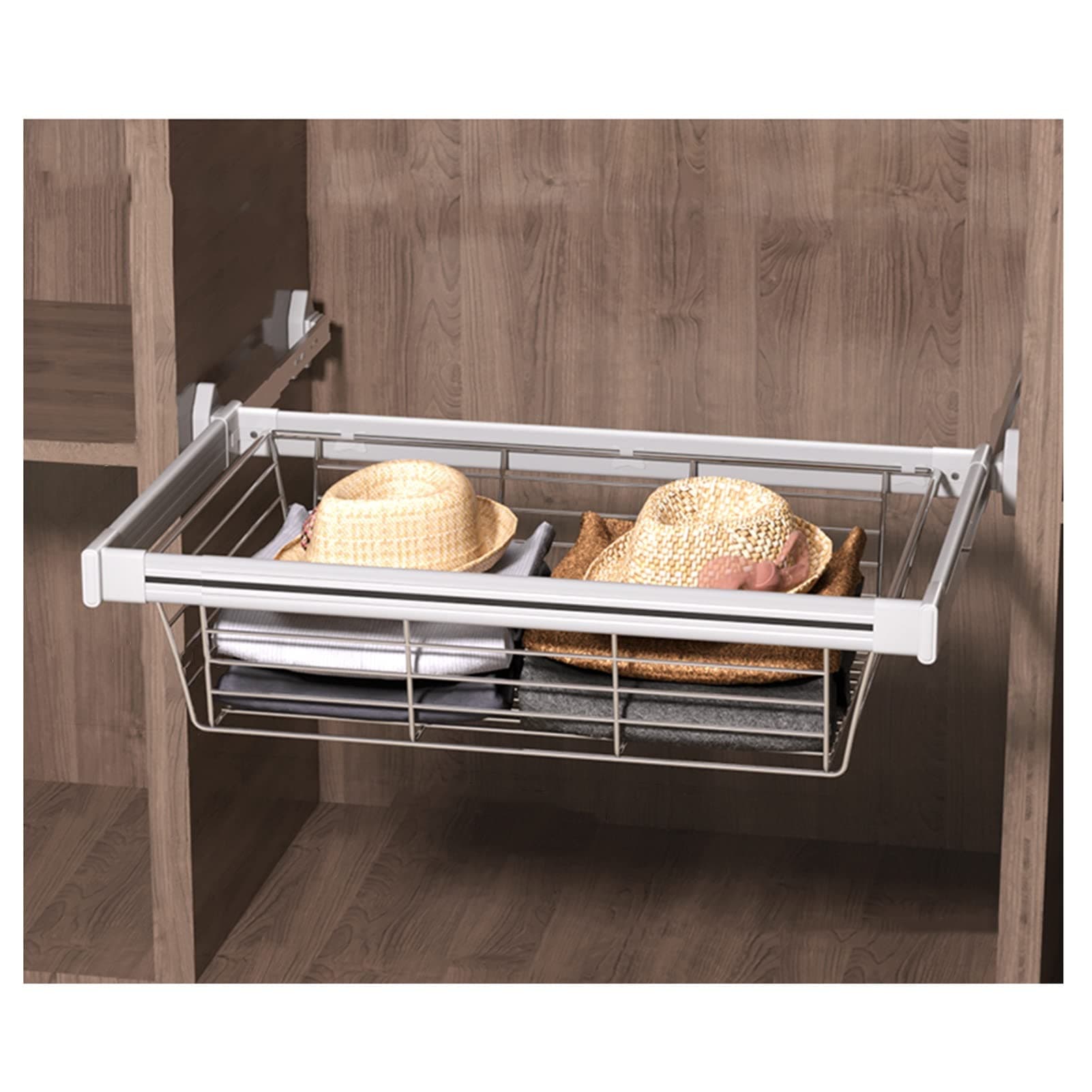 Wardrobe Pull Out Baskets Slide Rail Cabinet Storage Basket, Suitable for Sorting Wardrobe Clothes and Storage and Air Drying of Kitchen Utensils (Color : Silver, Size : 714-764mm)