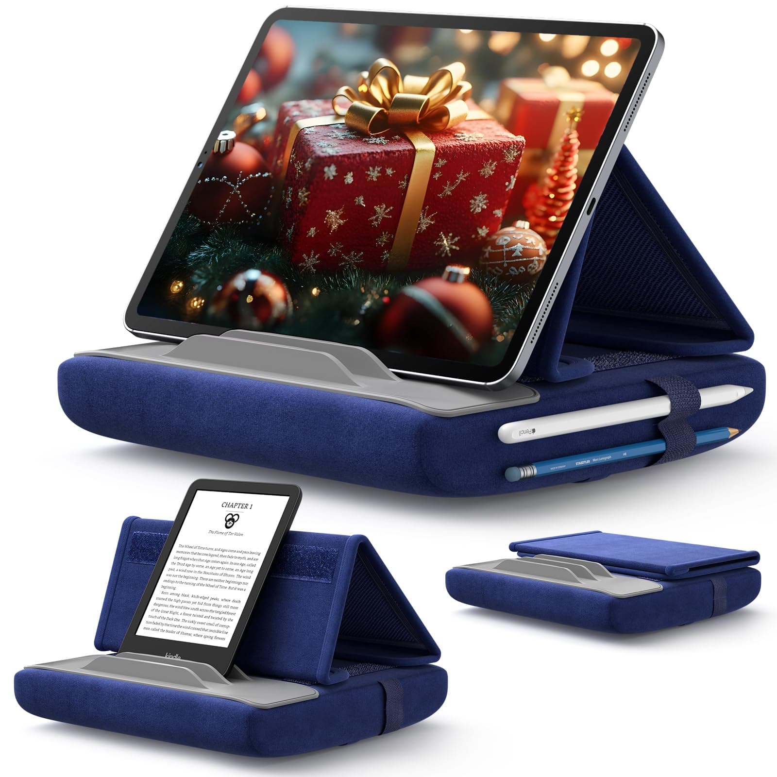 Tablet Pillow Stand, Tablet Stand Holder Dock for Lap, Bed and Desk Compatible with iPad Pro 11 10.5 9.7 10.2 Air Mini, Kindle, Tablets, Phones, E-Reader, Books and More 4-11'' devices Navy Blue