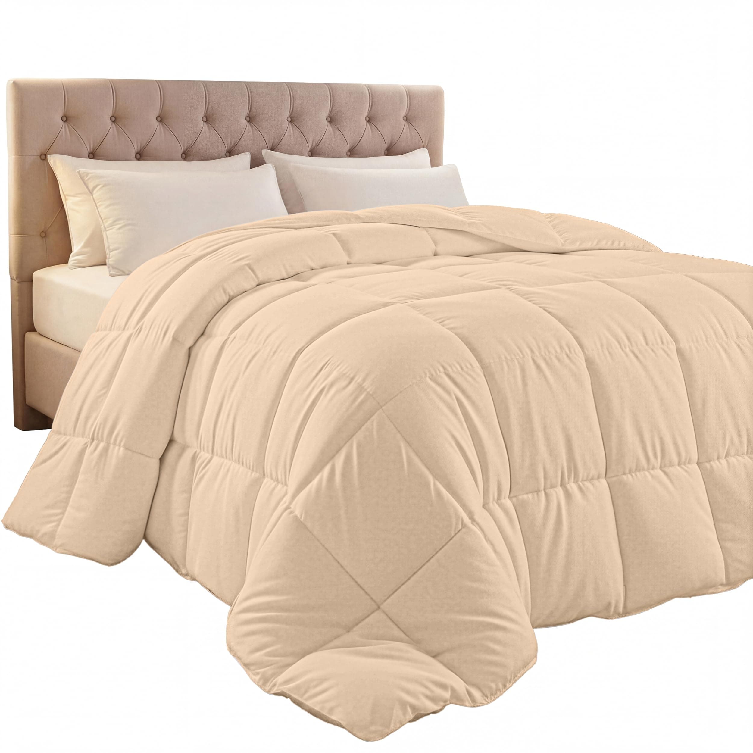 Queen Comforter Duvet Insert, Quilted Beige Comforter with Corner Tabs, Box Stitched Down Alternative Comforters Queen Size 88 x88 inches