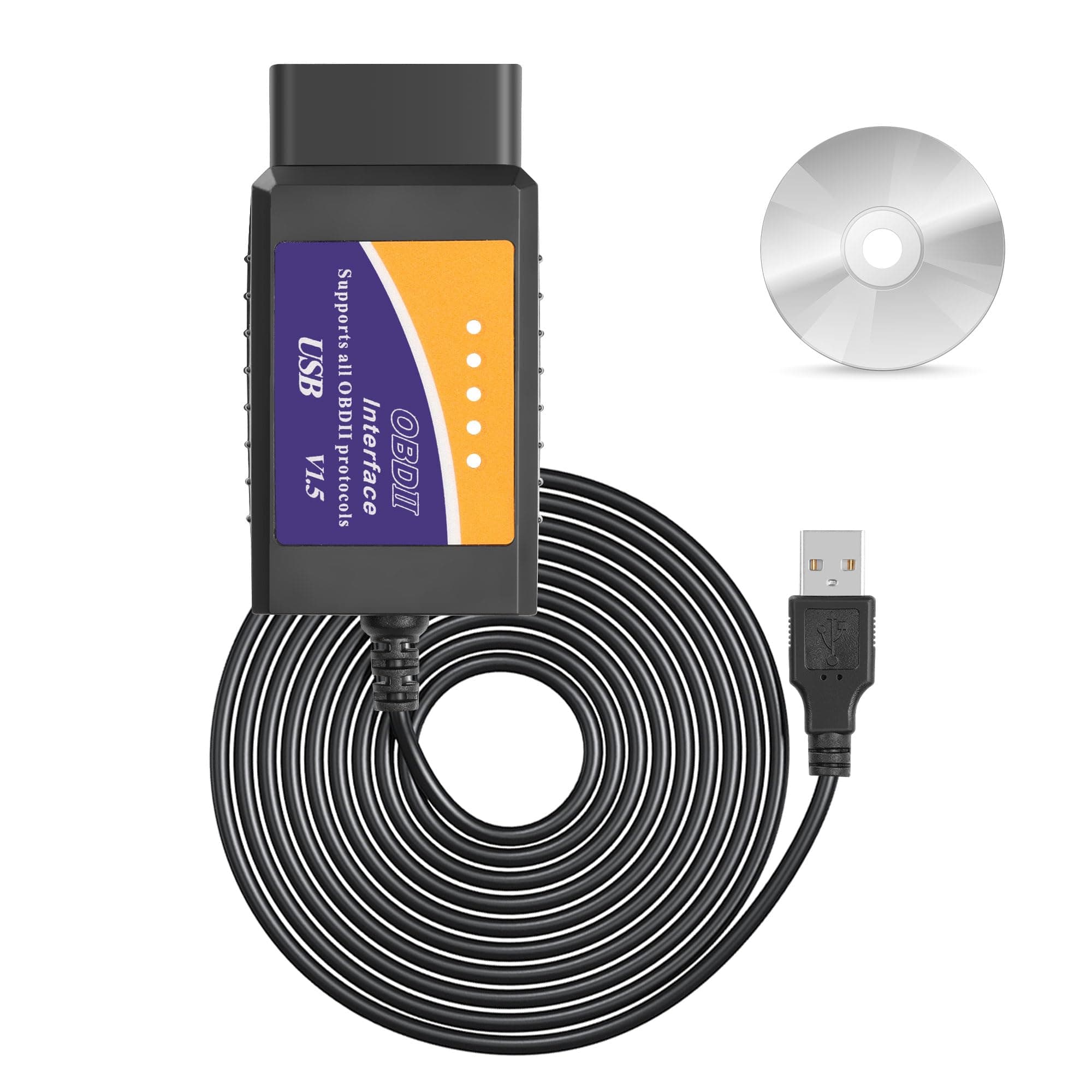 ELM327 OBD2 USB Adapter OBD2 to USB Scanner Adapter OBDII Diagnostic Cable OBDii Scanner Code Reader Auto Car Professional OBDII Scan Tool with CD-ROM 1.5M/ 5FT