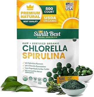 Sunlit Best Chlorella Spirulina Tablets - Organic USDA, Premium Spirulinas and Chlorella Capsules 500 Pills - Chlorellas Natural Superfood with Spirulina Algae, Enzymes Chlorophyll & Vegan Protein