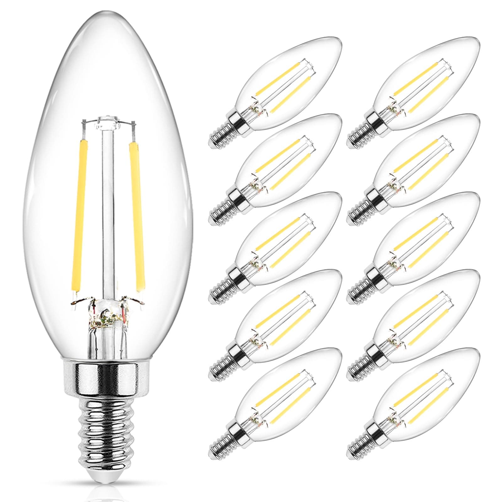 Ascher Classic E12 LED Candelabra Light Bulb 4W, Equivalent 40W, Daylight White 5000K, Non-Dimmable, Filament Clear Glass, Pack of 10