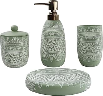 Hymmah Green Bathroom Accessories Set,Farmhouse Bathroom Decor,4 Pcs Resin Gift Set Apartment Necessities, Contain Cotton Swab Jar,Soap Dispenser,Tumbler，Soap Dish/Tray
