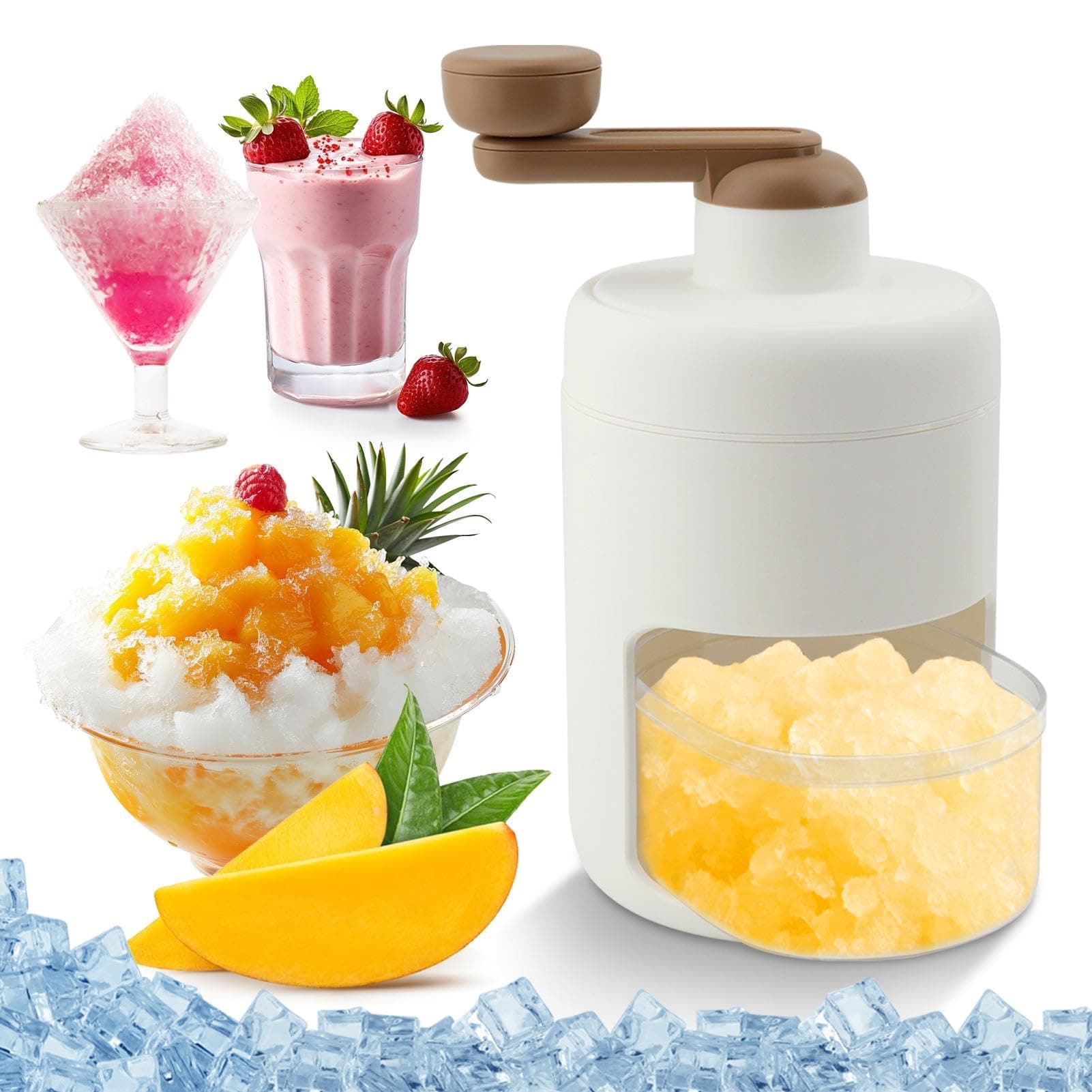Manual Shaved Ice Shaver, Portable Snow Cone Maker Machine with 2 Ice-Trays, Small Hand Operated Crank Slushy-Maker Machine, Ice Crusher for Snow Cones, for Outdoor Picnics