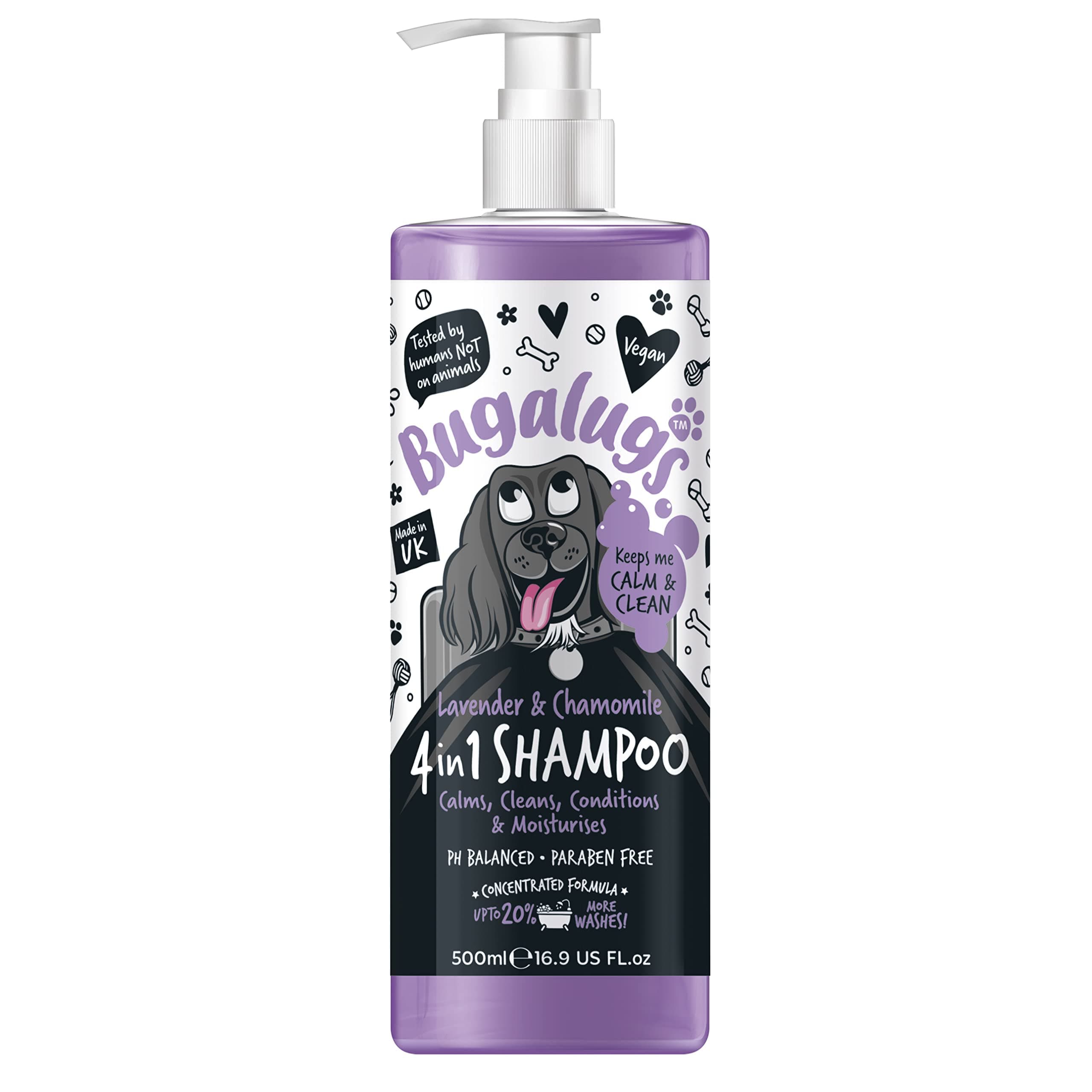 Bugalugs Dog Shampoo by lavender & chamomile 4 in 1 dog grooming shampoo products for smelly dogs, best puppy shampoo, professional groom Vegan pet shampoo & conditioner (1x500ml)