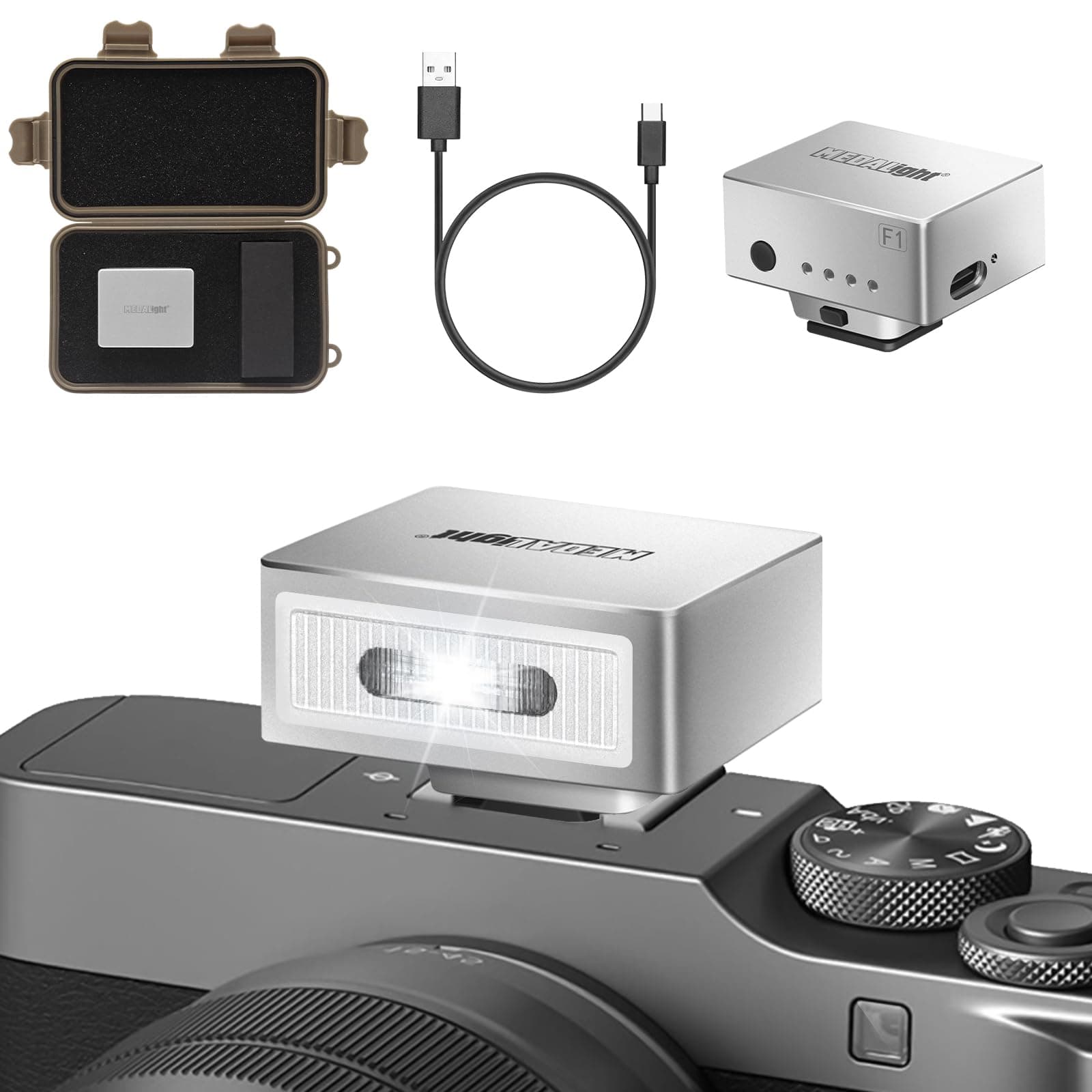 F1 Mini Camera Flash Camera Flash Speedlite for Ricoh (GR3/GR3X,etc.) Fuji/Sony/Nikon/Canon,Digital Film cameras,Portable Mini hot Shoe Flashlight for DSLR Cameras.(Silver)